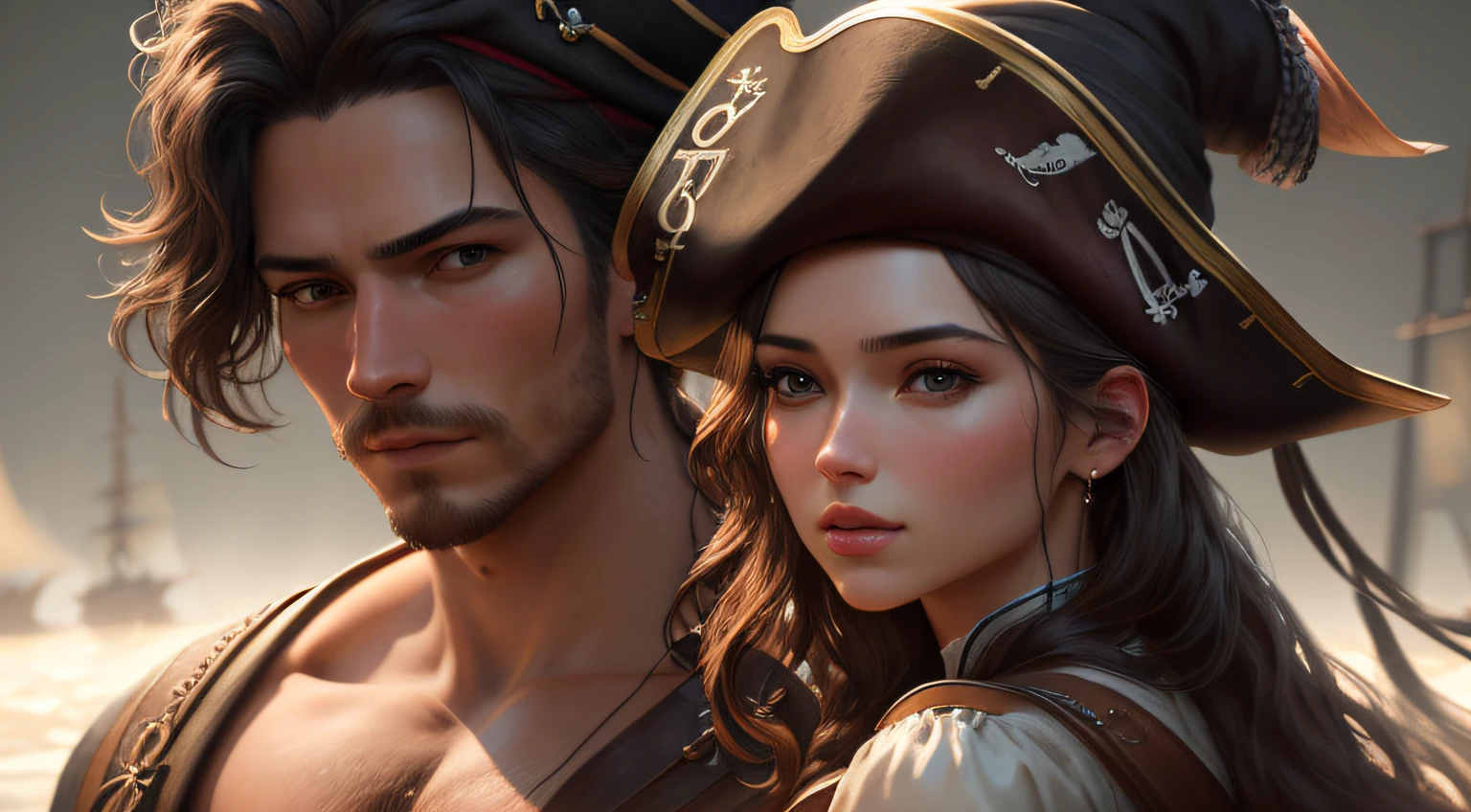 Depiction of a man and a woman、a pirate, , a picture,Soft lighting, Soft Detail, octane, Art Station Trend, ultra high detail, A hyper-realistic, Cinematic,16 K, masterpiece, top-quality, hightquality, hight resolution、(((Body Portrait)))、