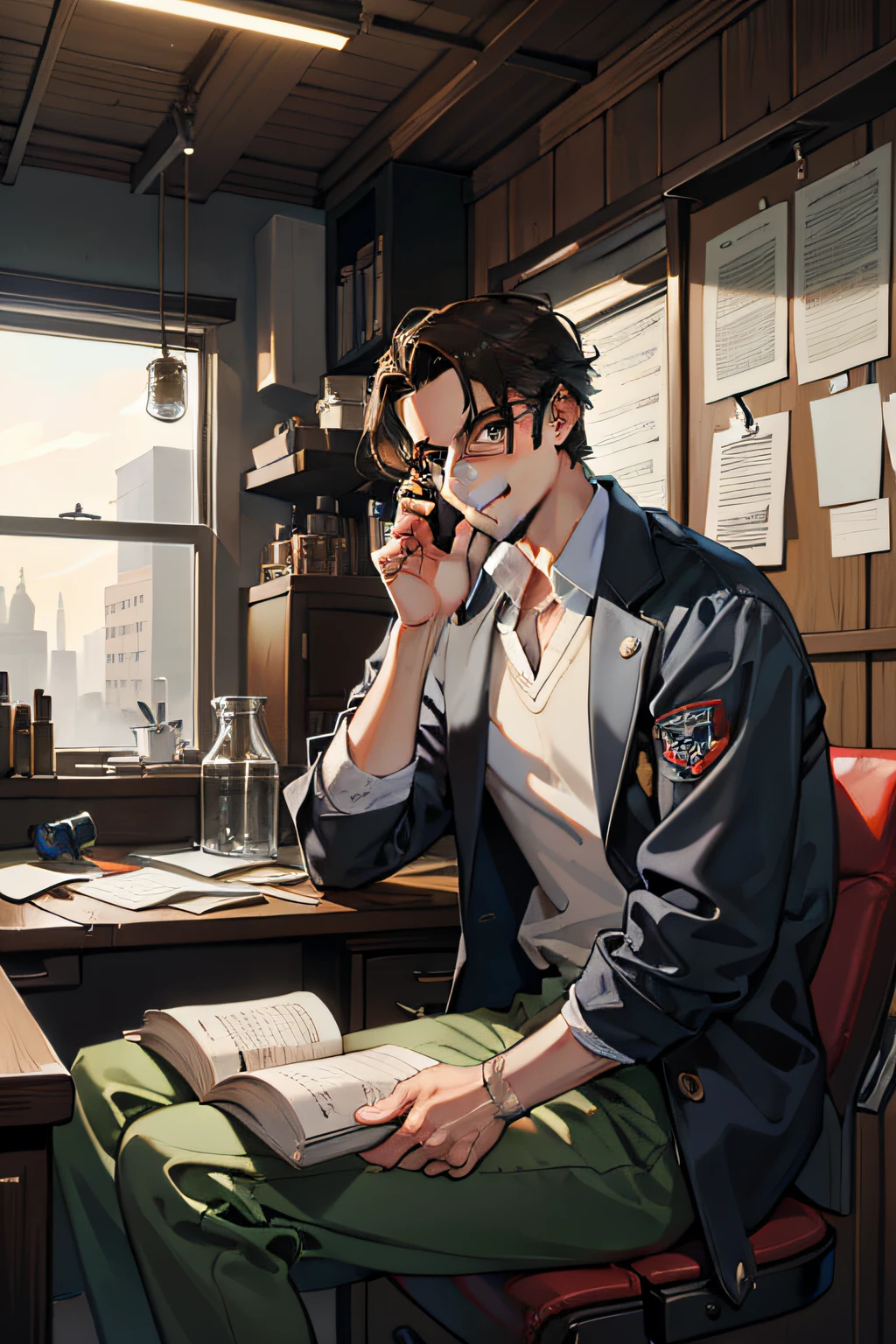 masterpiece,bestquality,1male,adult,tallmuscular,handsome,complicatedlaboratory,madscientist,messyhair,forehead,glasses,woodenwall,deskfullofjunk,testtube,bottles,Window,sitonchair,holdtesttube,evilsmile,fromside|fromabove