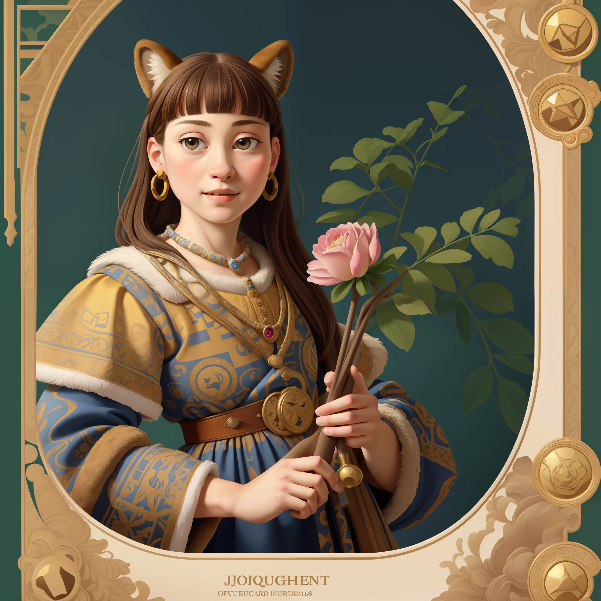 highres, top quality, best quality, paid reward available, High-quality illustrations by Johannes Vermeer, unparalleled masterpiece, perfect artwork, absurdres, perfect anatomy(highly detailed beautiful face and eyes) logo mark, stamp, Geometric pattern, vector-art, High-quality illustrations by Alfons Mucha, masterpiece(kemono, furry anthro)flower,