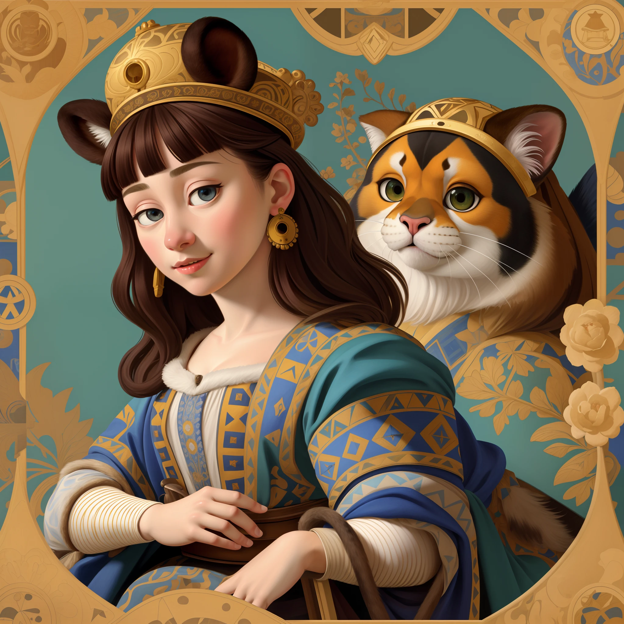 highres, top quality, best quality, paid reward available, High-quality illustrations by Johannes Vermeer, unparalleled masterpiece, perfect artwork, absurdres, perfect anatomy(highly detailed beautiful face and eyes) logo mark, stamp, Geometric pattern, vector-art, High-quality illustrations by Alfons Mucha, masterpiece(kemono, furry anthro)flower,