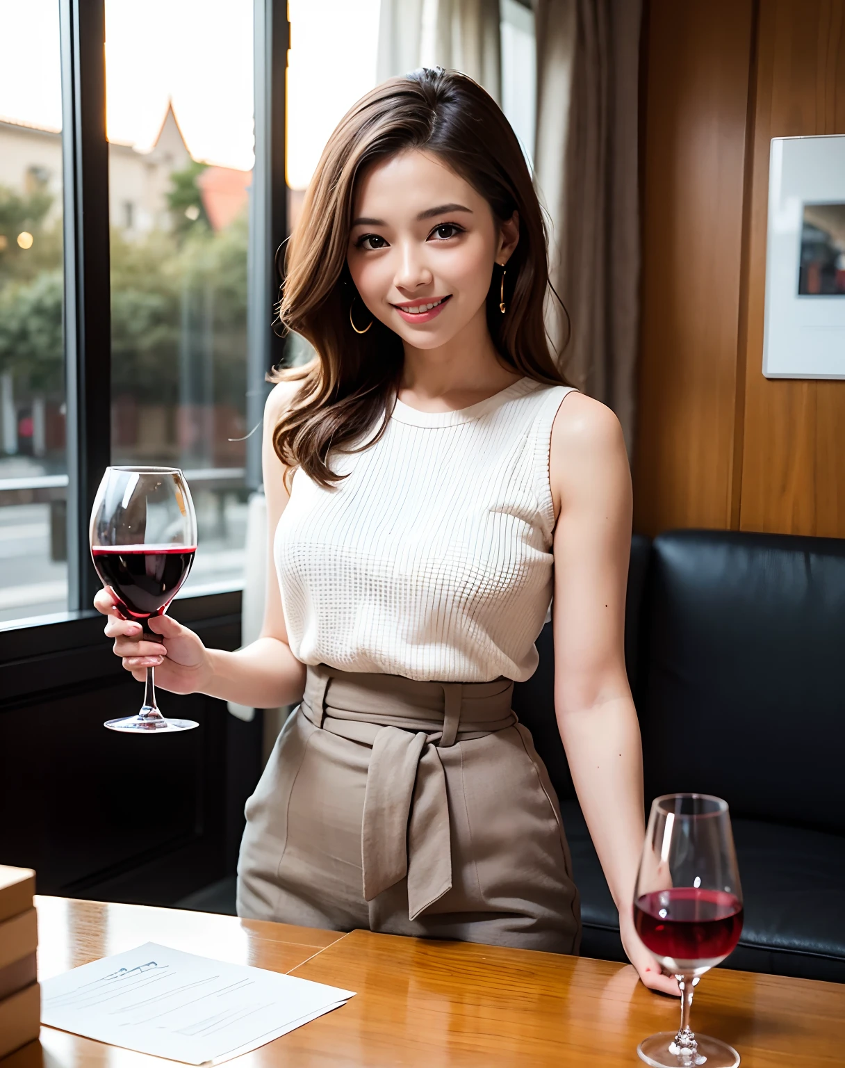 (64K, UHD, top quality, masterpiece: 1.2), (realistic, photorealistic: 1.37), super detailed, pretty woman 1 person, (slim face), (slim body), (brown hair), (short cut), cheeks slightly blushing, (44 years old), 38 years old, solo, beautiful detailed urban night view outside the window, restaurant, wine glasses sit, at night, in a prominent placeNovaFrogStyle, Actress, Model, Waist Up, White Wine, Slim, Wine Glass, Super Clean Night View, Wine Glass Put in the Middle, Happy Smile, (Smile: 1.15), Beautiful Fine Eyes, Upper Body, Bust Japan Up, Night, Short, Short, Actress, Model, Waist Up, White Wine, Slim, Wine Glass, Super Clean Night View, Wine Glass Put in the Middle, Happy Smile,