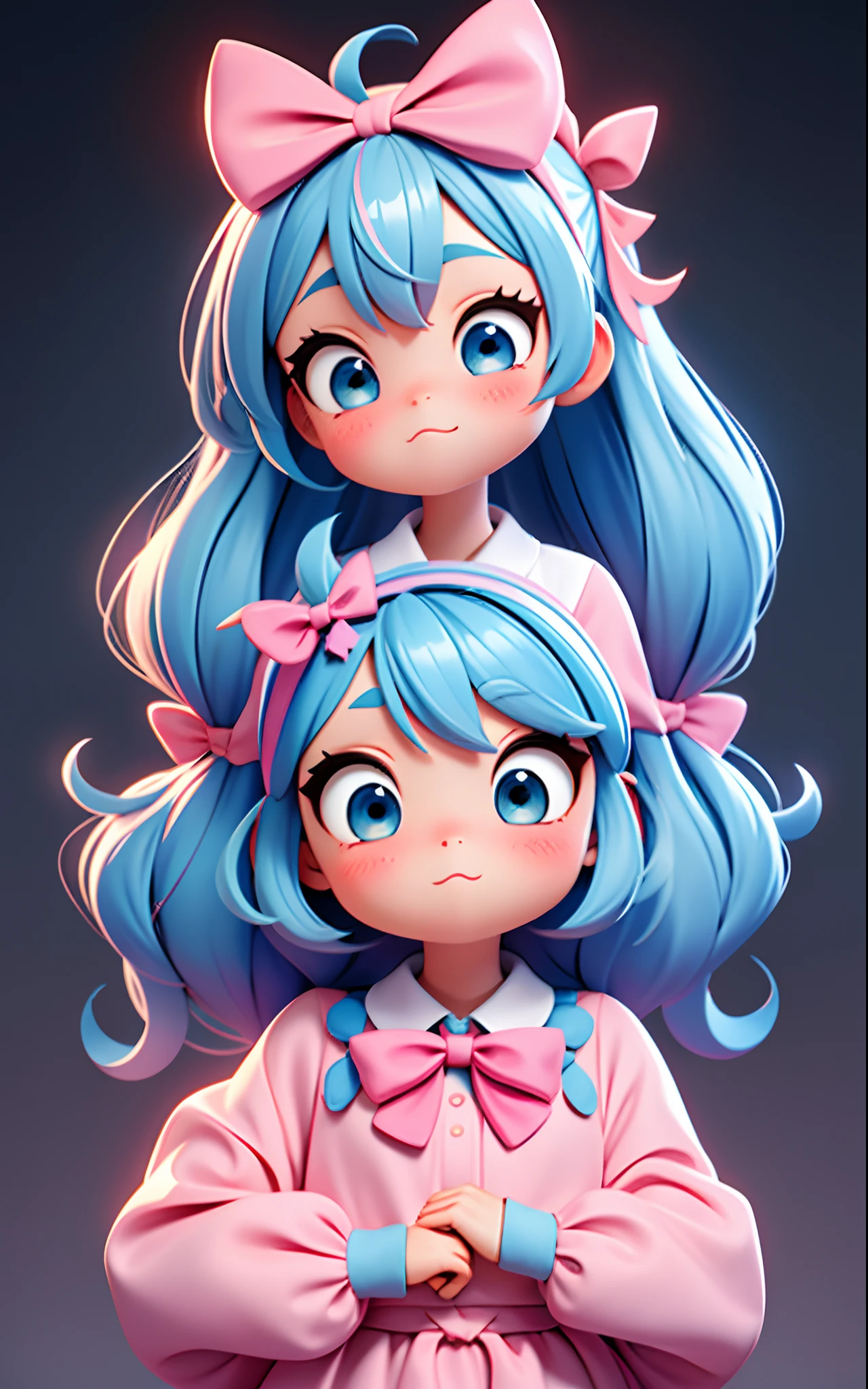 pixar, 1girl, cat, blue hair, brown eyes, star hair ornament, hair ornament, blush, bow, star (symbol), looking at viewer, ahoge, closed mouth, hair bow, animal, long sleeves, head rest, short hair, solo, bangs, child, pink bow, shirt, female child, thick eyebrows, white shirt, hands on own face, upper body