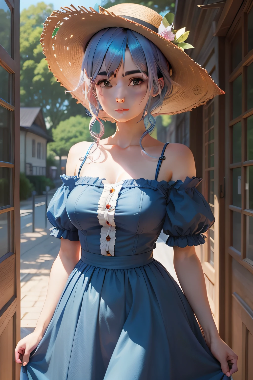Blue hair anime girl in straw hat and blue dress,, a beautiful anime portrait, Beautiful anime girl, Beautiful anime style, Anime girl with pink hair, Anime style. 8K, in the art style of bowater, Beautiful digital illustration, Beautiful character painting, Stunning anime face portrait