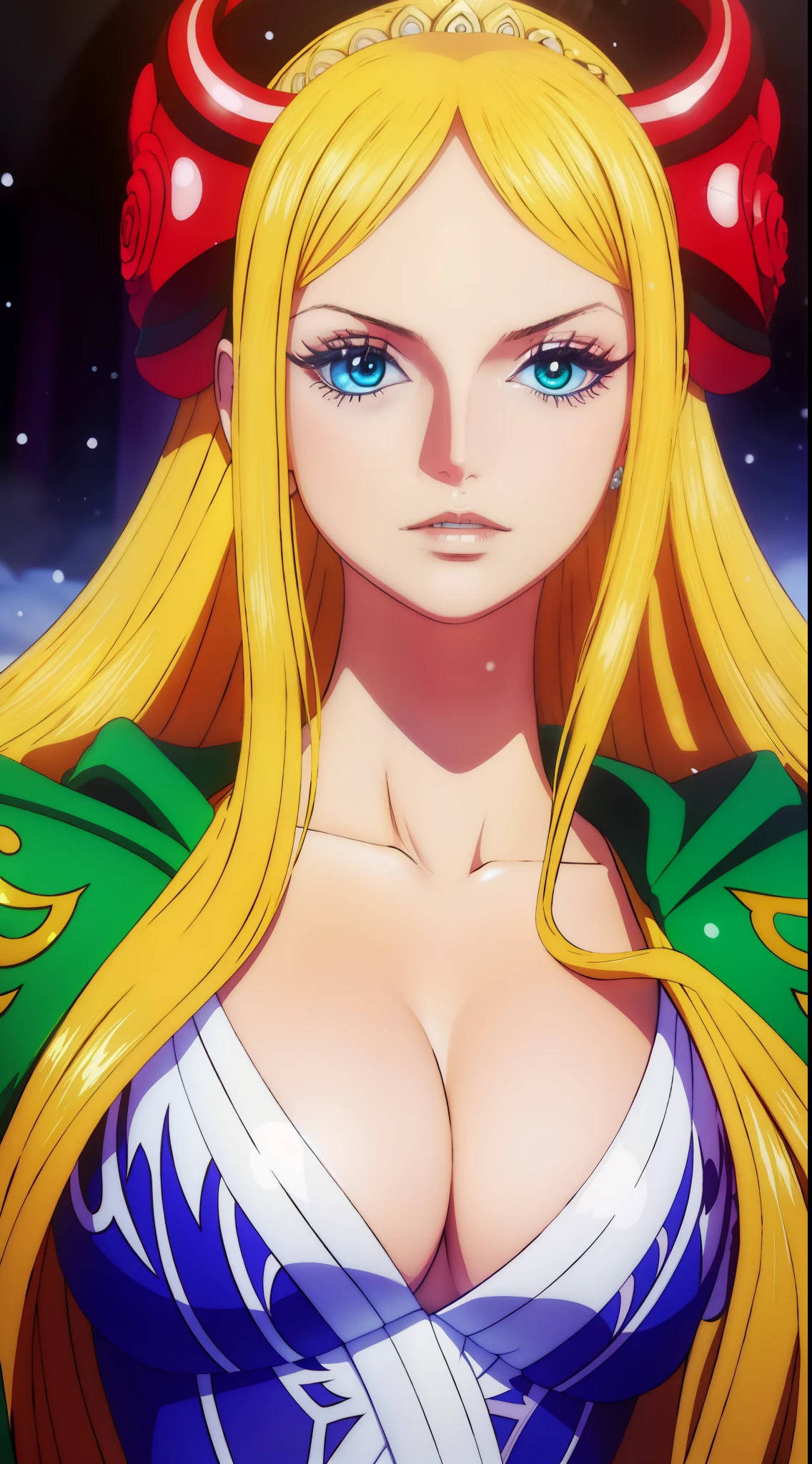 a beautiful empress portrait, Blonde hair, Perfect blue eyes, with a brilliant, impossible striking big Christmas headpiece, clothes Santa robes, everything Christmas, Snow, Symmetrical, dramatic studio lighting, Rococo, baroque, green color, Asian, hyper photorealism, closeup cleavage, D&D, fantasy, Intricate, elegant, Highly detailed, Digital painting, art stations, rendering by octane, 8K, concept-art, Mattire, Sharp focus