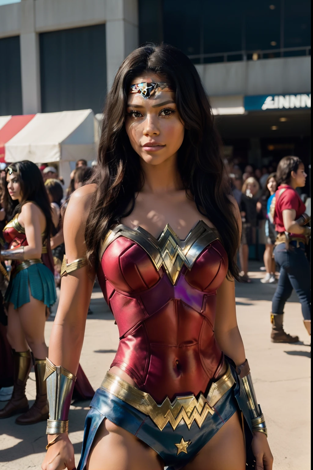 Shoot a portrait of Jenna Ortega standing wth wonder woman costume theme with colorful vibrant hair and a crowd in the background, she is happy and posing like a wonder woman. High contrast lighting with windown sunlight coming in. Export in RAW with a awesome lighting LUT.