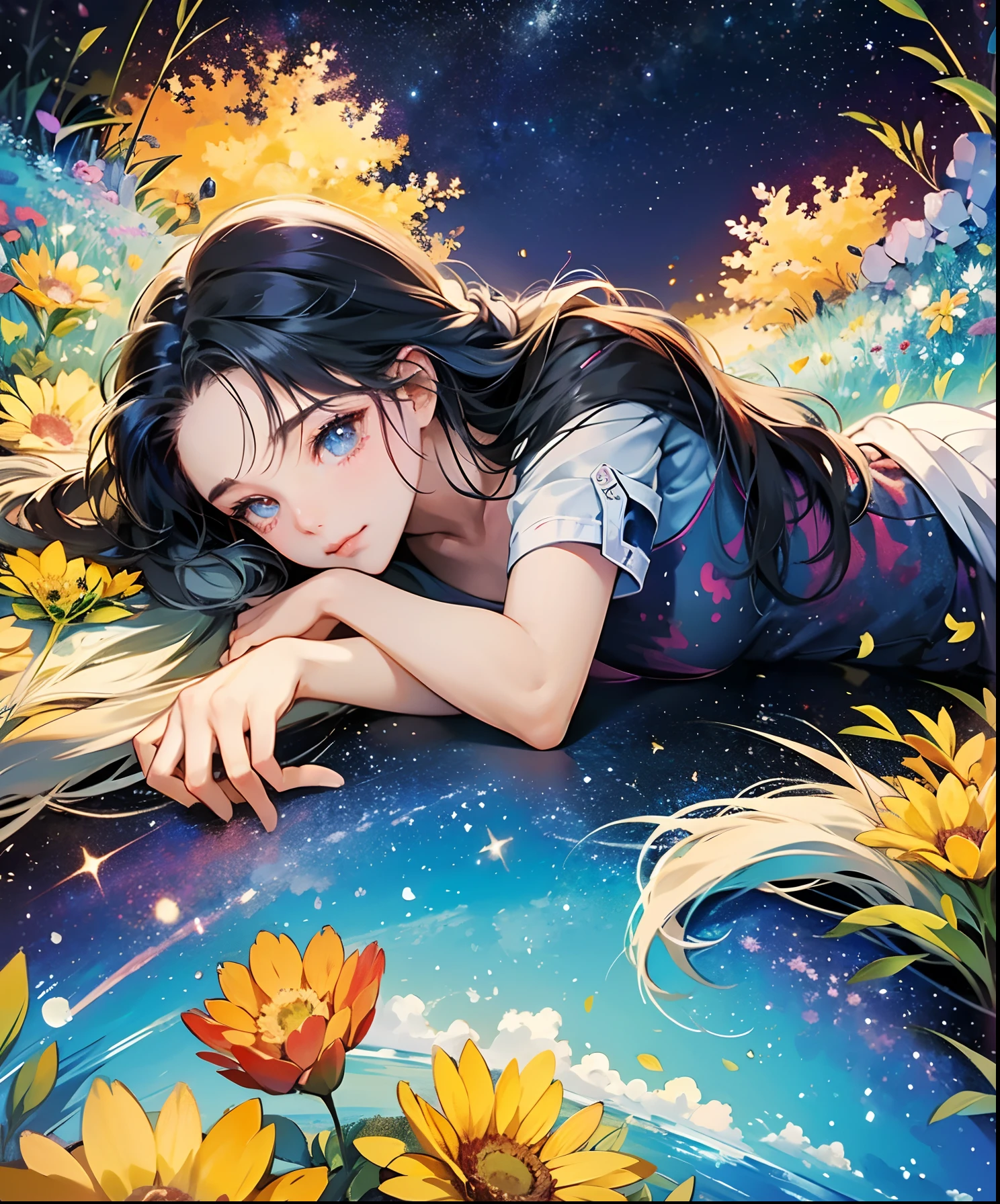 Describe a scene where a cute girl character is lying on a grassy hill, Looking up at the starry sky. Surround her with colorful nebulae and her favorite constellations.