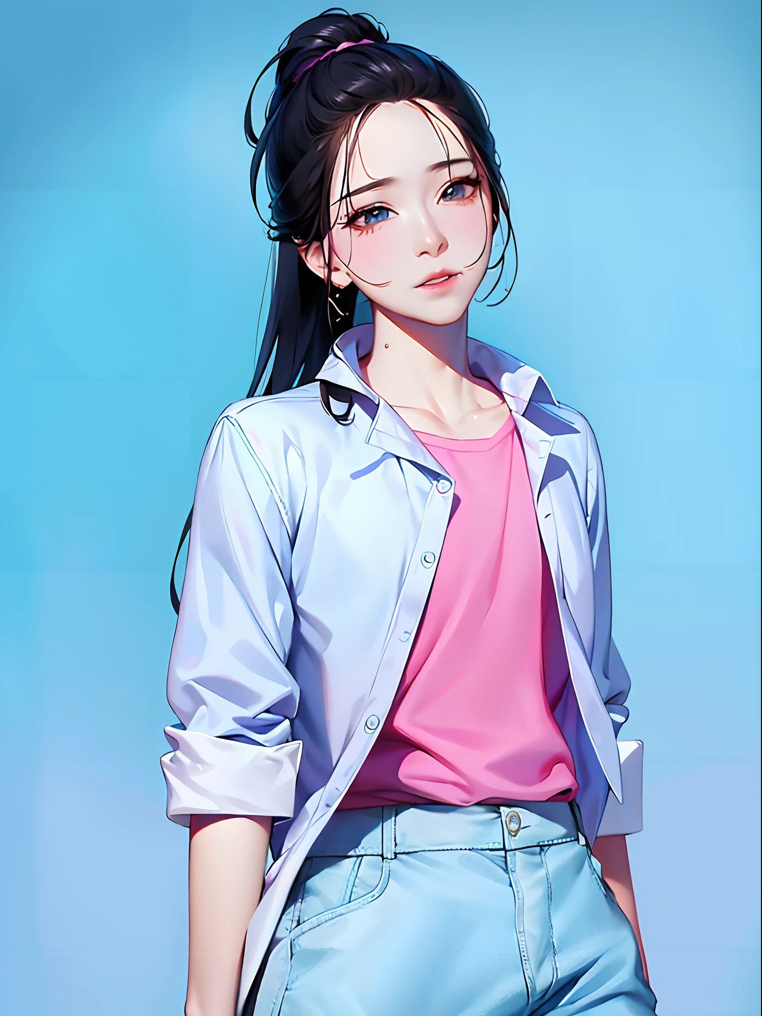 Second Dimension,Genshin Impact,Onmyoji,high quality,8k,beauty的的高个子年轻女人,beauty,pretty, fit, Fair skin, Long loose hair, Black eyes, White short-sleeved shirt,White suit pants,Black leather belt,necklace,Solid color background,Simple background