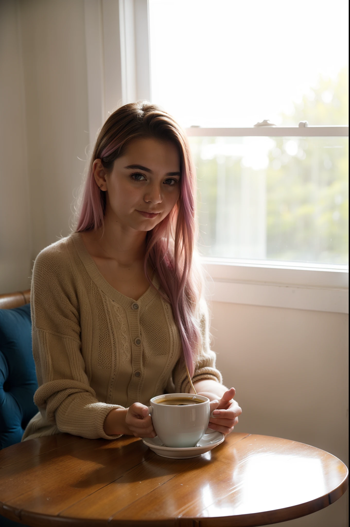 Young age girl sitting at table at home, teen, Fashionable girl, jour, morning, lilac hair, beautiful detail eyes, beautiful detailed lips, long eyelashes, cozy atmosphere, Soft sunlight, Flows through the window, Warm and cozy, comfortable clothes, calm and peaceful expression on his face, serene and relaxed , A neat and organized environment, a cup of steaming coffee, Breakfast plate, freshly baked bread, Vase with bright flowers, A sun-drenched room, An open book on the table [Fotograya], Quality in high resolution, bright colours, Warm color tone, soft-lighting, 15 year old girl, 15 year old girl, 15 years