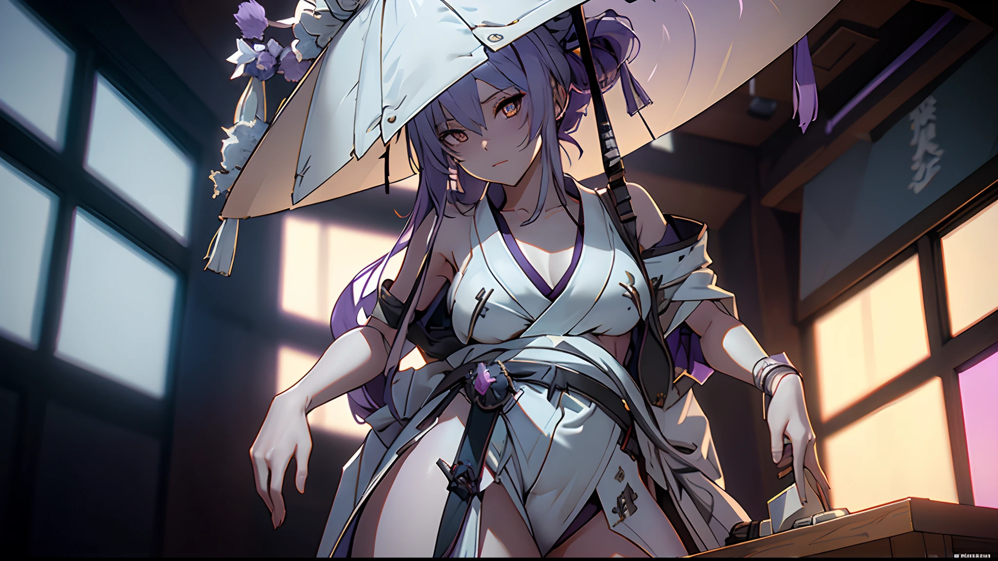 1 girl, tie purple hair, long light purple hair, wide large Ronin white hat, gold eyes, white robe, katana, cool and sexy face, white thigh knee sock, white loose short kimono, Sharp face, battlefield, outside, black high-heeled shoe, standing, scarlet, white panty, one person, alone, booze, Best quality, masterpiece, 3D, an image of a beautiful female samurai, HDR (High Dynamic Range), Ray Tracing, NVIDIA RTX, Super-Resolution, Unreal 5,Subsurface scattering, PBR Texturing, Post-processing, Anisotropic Filtering, Depth-of-field, Maximum clarity and sharpness, Multi-layered textures, Surface shading, Accurate simulation of light-material interaction, Perfect proportions, Octane Render, 8k, high res