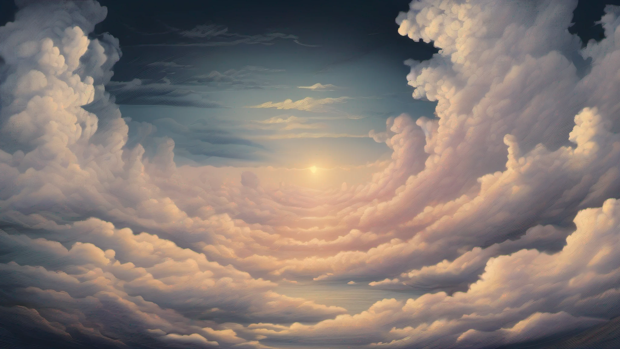 imagine you find yourself within a boundless expanse overflowing with limitless permutations of clouds drifting aimlessly throughout endless sky above unwaveringly solid yet ever-changing foundation upon which they rest in perfect harmony - rolling thunderheads loom darkly ominous contrasting ethereal delicate wispy stratus floating lazily underneath vibrant hued stratocumulus arranged intricately resembling stunning tapestry woven by some cosmic artisan; fluffy marshmallow cumulonimbus rise majestically from horizon stretching impossibly towards heavens shrouding entire landscape in mystical mist while lower down nimble fair weather cumulus frolic playfully as though engaged in some grand celestial dance - every corner turned reveals new breathtaking scenes imbuing deeper sense wonder awe reminding beholder of insignificance in face vast infinite beauty found herein...