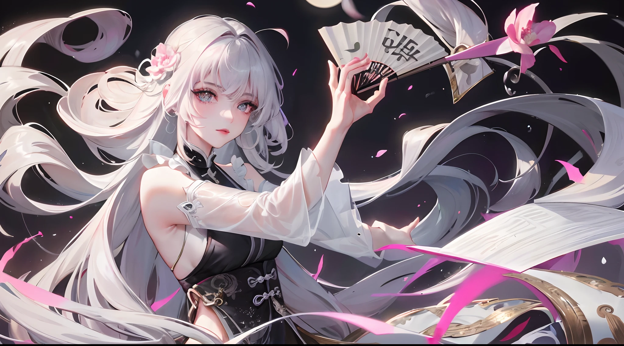 8K, Masterpiece, Best quality, Night, full moon, 1 girl, Chinese style, Chinese architecture, Mature woman, sister, Silver white long haired woman, Long hair, Light pink lips, calm, logical, bangs, Gray pupils, assassins, Fan, Knife fan, petal dancing, Delicate face,