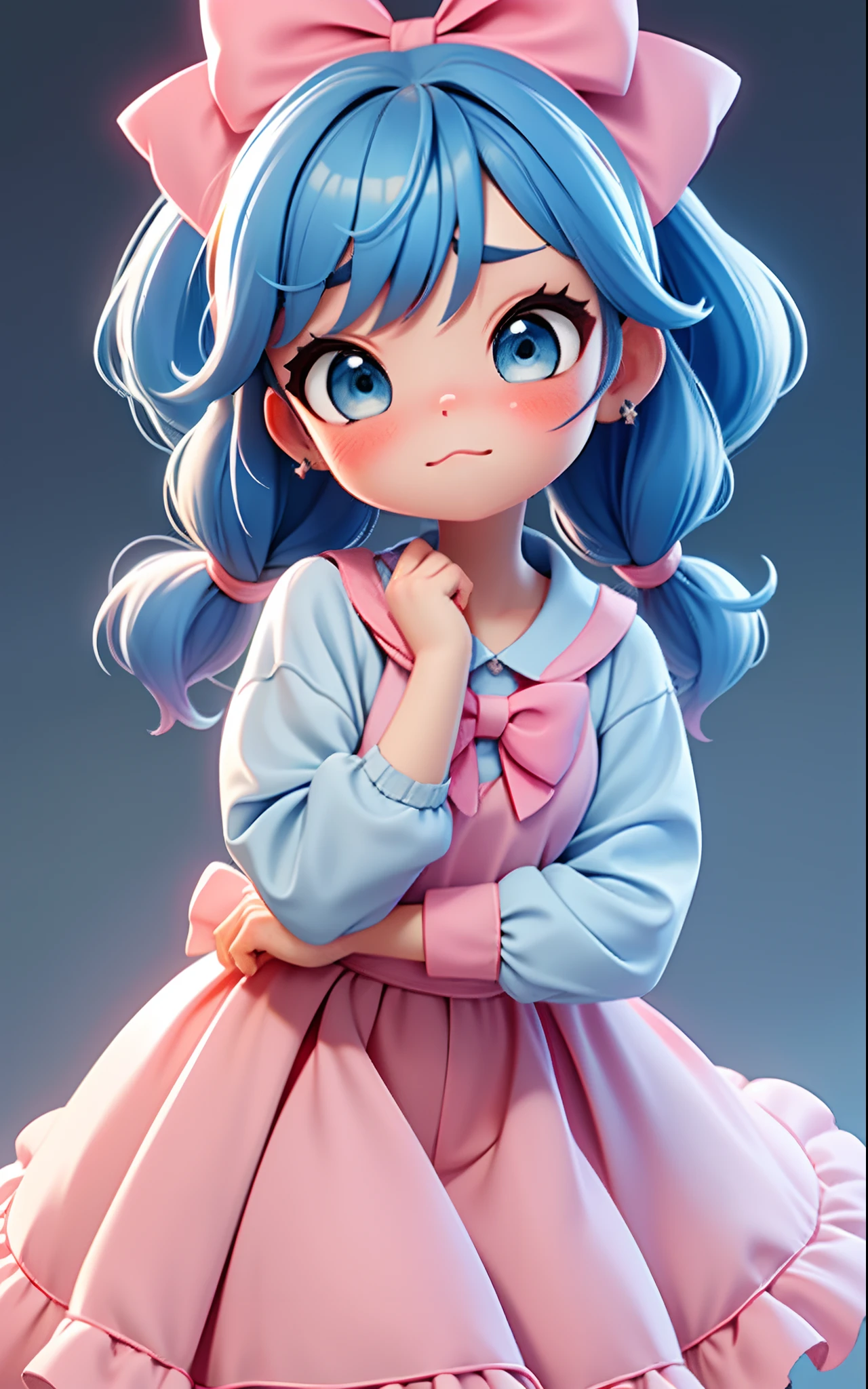 pixar, 1girl, cat, blue hair, brown eyes, star hair ornament, hair ornament, blush, bow, star (symbol), looking at viewer, ahoge, closed mouth, hair bow, animal, long sleeves, head rest, short hair, solo, bangs, child, pink bow, shirt, female child, thick eyebrows, white shirt, hands on own face, upper body