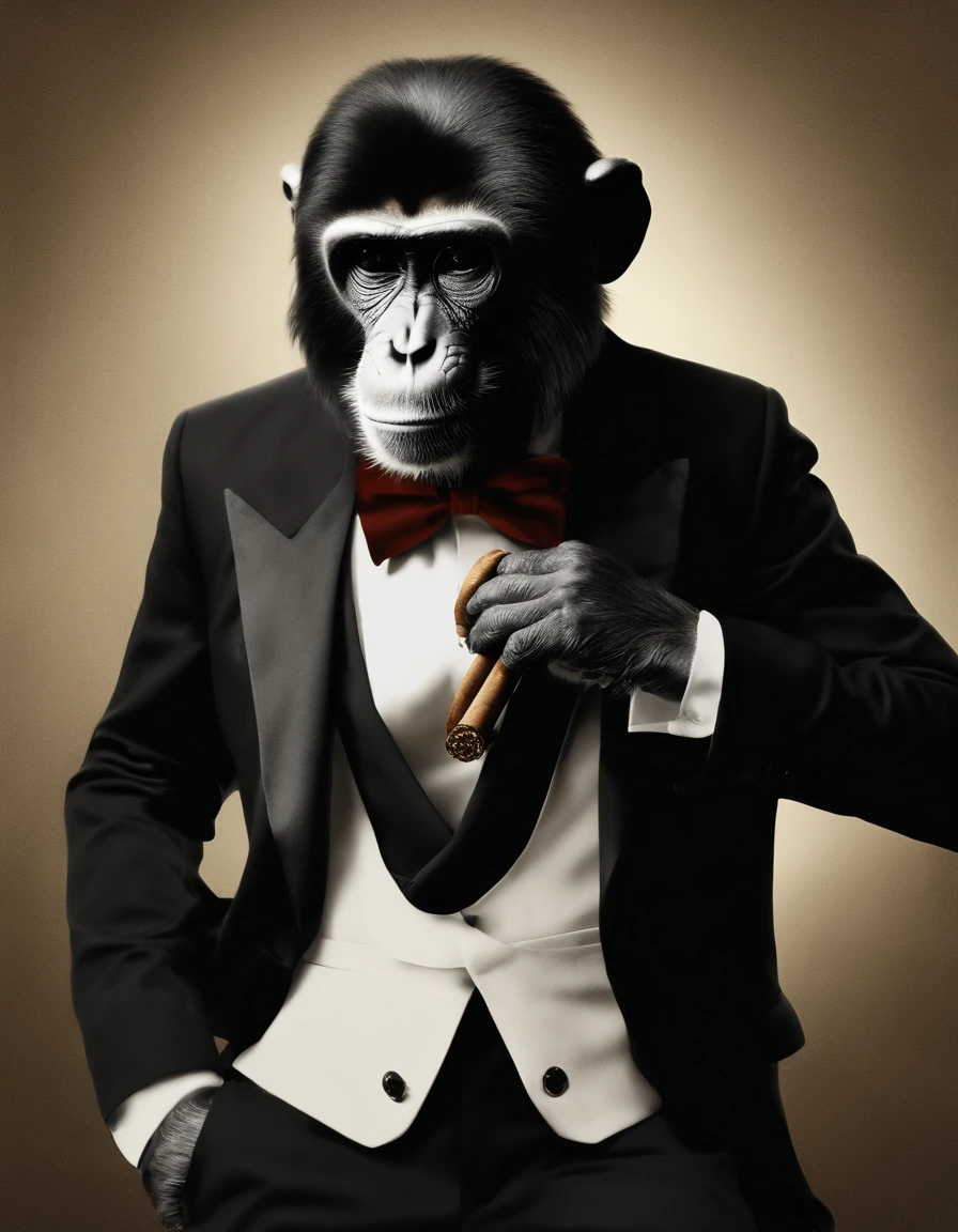 ((top-notch quality)), ((​masterpiece)), ((true-to-life)),

subject: Ultra-realistic photo of a stylish monkey smoking a cigar
Moderate: photography
resolution: 4k

Positive Prompt: Create a ((top-notch quality)), ((​masterpiece)), ((true-to-life)) Photo capturing the essence of a monkey in a black tuxedo suit and sunglasses, Smoke a fire cigar in the refined air. Monkeys need to be kept upright, Exude confidence and style. The composition should focus on the face and upper body of the monkey, With a lit cigar casually held to your mouth with one hand. Capture small pieces of smoke surrounding monkeys' heads, Add to the atmosphere.

Make sure the image is perfectly clear and detailed, Showing off the fine hair and wrinkles of the monkey's body and face. Pay close attention to the details of your tuxedo suit, Adjusted to fit realistically on the monkey frame. A white dress shirt and bow tie should be crisp and neatly arranged, Emphasize the dapper appearance of the monkey.

Semi-reflective astronaut style sunglasses、It is necessary to cover the eyes of the monkey, Adds to the enigmatic aura. Highlight the lit end of the cigar, Let it shine brightly、Cast a subtle reflection around the monkey. The fine smoke swirling around the monkey's hands and head should be depicted realistically, Contribute to the overall atmosphere.

Incorporate an incredibly high level of realism into the depiction of fur textures, Hair strands, Cigar embers, and smoke, As if photographing a real monkey. 4K resolution is、All intricate details must be captured, Allow viewers to understand the fine nuances of the scene.