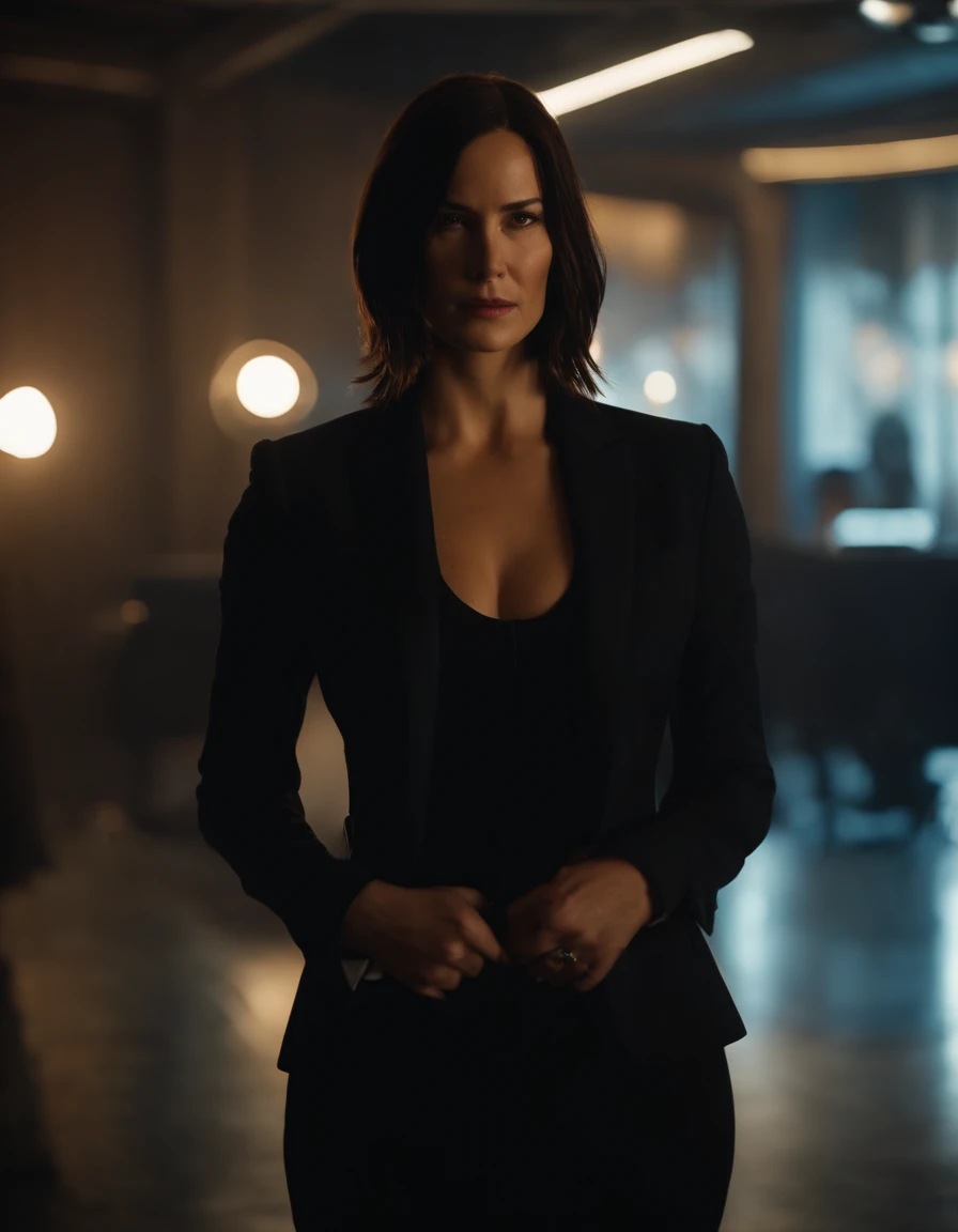 John wick as a woman, black suit, breasts, looking at viewer, 1girl, 19-year-old