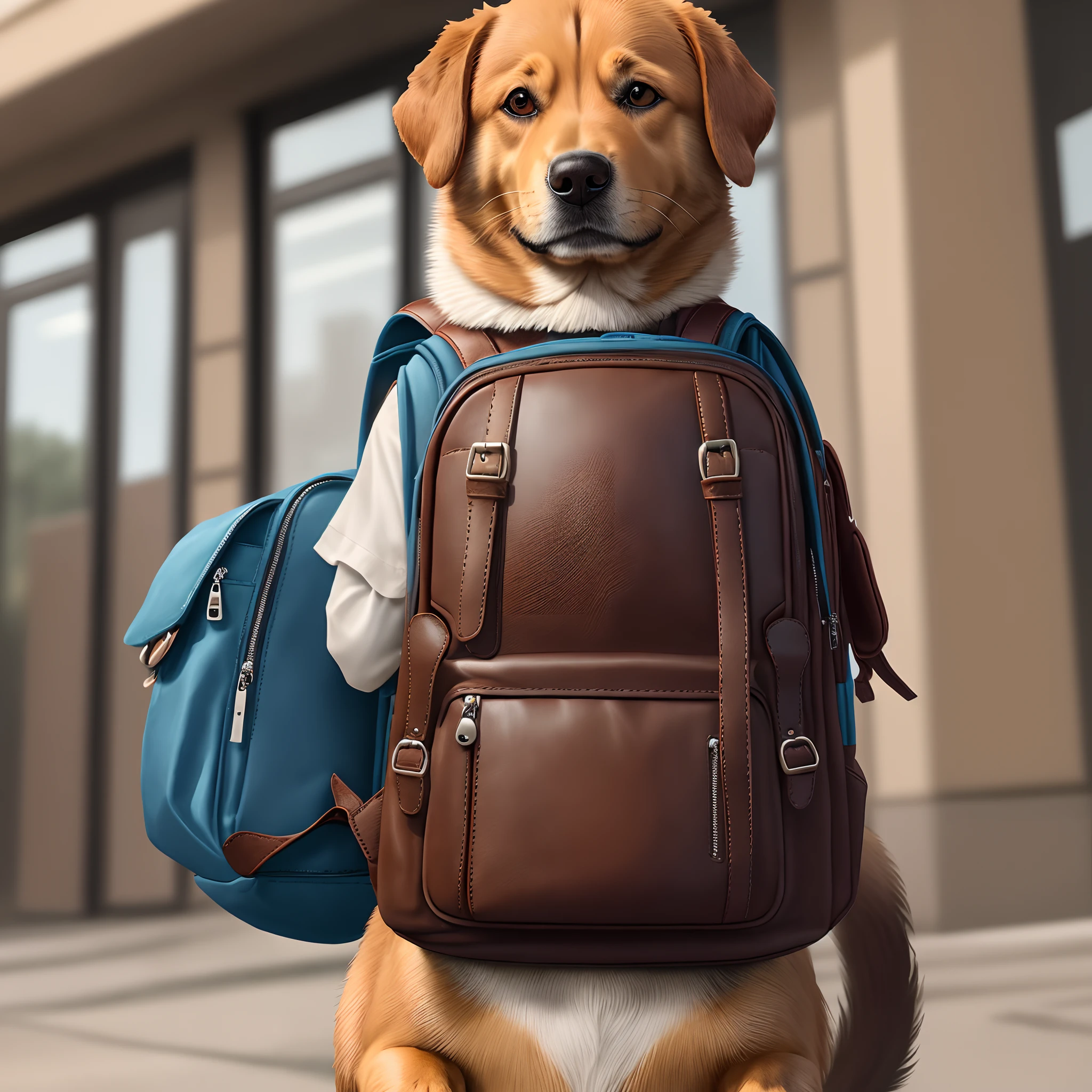 Brown leather backpack,There was a dog in the bag,The dog only shows its eyes
