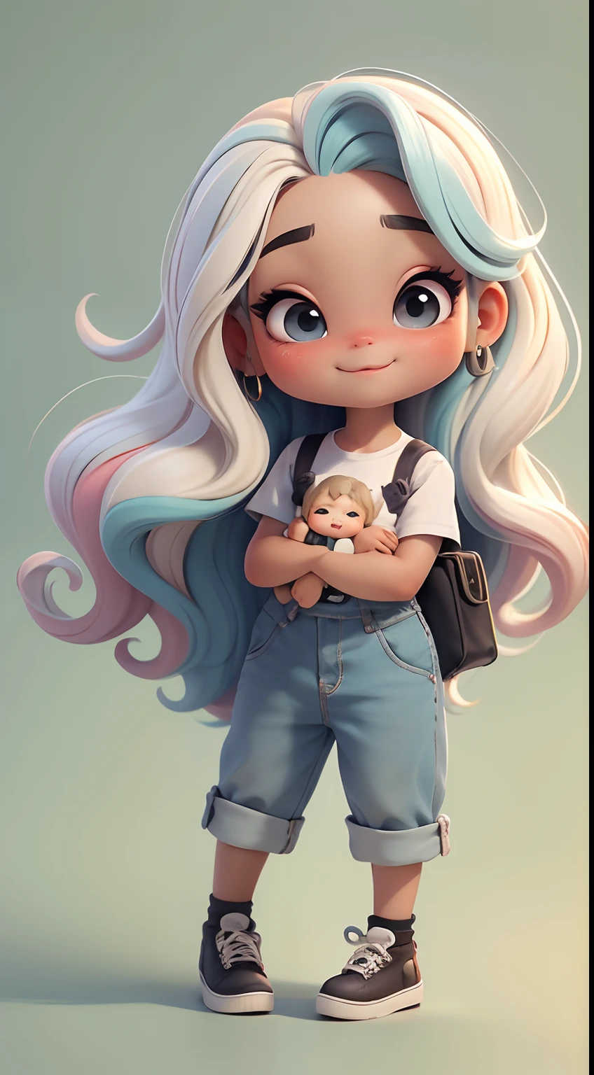 Create a series of cute black dread dolls baby chibi style with a cute travel theme, each with lots of detail and in an 8K resolution. All dolls should follow the same solid background pattern and be complete in the image, mostrando o (corpo inteiro, incluindo as pernas: 1.5)
Boneca Mini viajante: Chame-a de Marina. Ela deve ter cabelo pequeno em tom multicolorido. Seus olhos devem ser grandes e expressivos, with long eyelashes and rosy cheeks. Sorriso delicado e branco. Marina deve estar vestida com roupas coloridas e detalhadas, sun glasses, Uma camisa, Camiseta, She must carry travel accessories and a suitcase. Certifique-se de adicionar detalhes nas roupas, such as buttons and pockets, sapato bonito
Certifique-se de adicionar sombras, texturas e detalhes nos cabelos, roupas, Travel utensils, to make them even more adorable and charming.