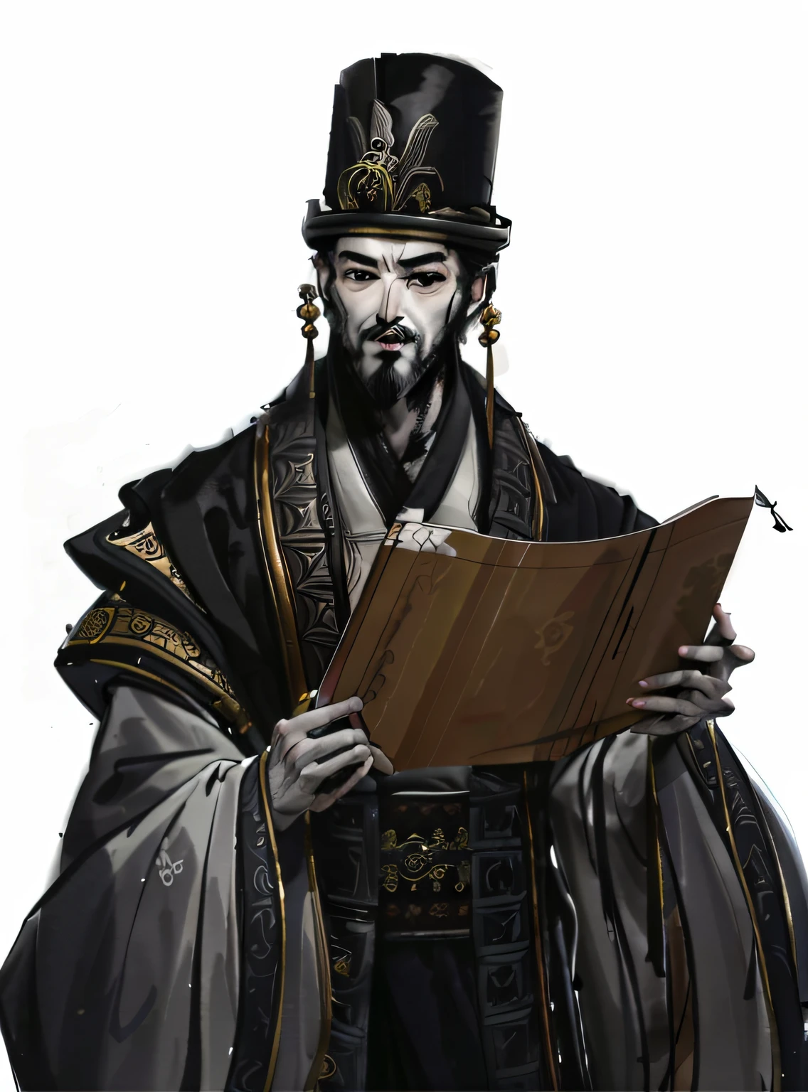 Arafard wears an image of a man in black and white holding a piece of paper, heise jinyao, bian lian, Guan yu, inspired by Dong Yuan, Inspired by Cao Zhibai, inspired by Xuande Emperor, inspired by Wu Daozi, Taoist, inspired by Li Kan, inspired by Huang Ding, Inspired by Huang Shen