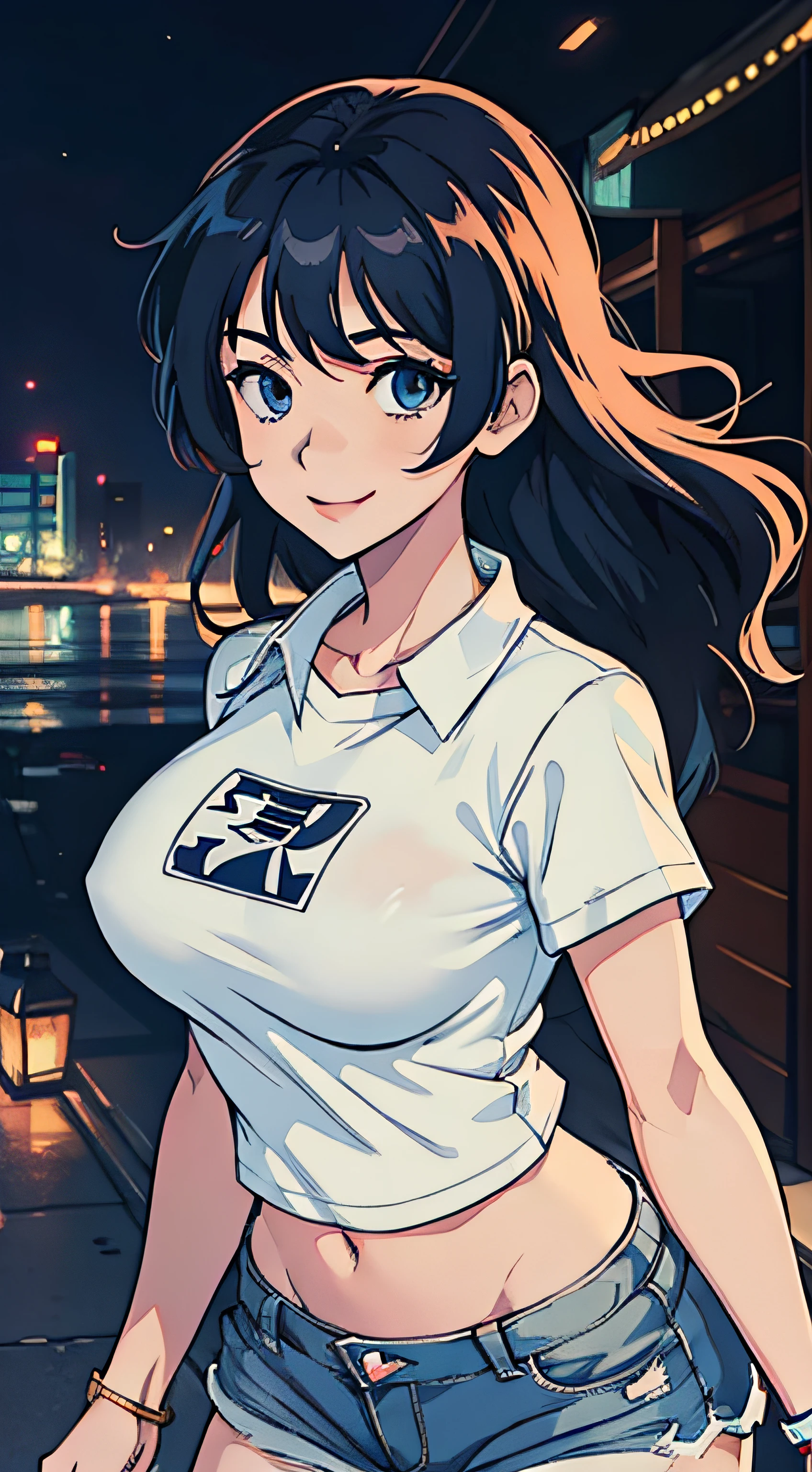 anime girl in denim shorts and white shirt in a night city, anime style 4 k, best anime 4k konachan wallpaper, badass anime 8 k, anime moe artstyle, 4k anime wallpaper, anime art wallpaper 8 k, 4 k manga wallpaper, anime art wallpaper 4 k, anime art wallpaper 4k, anime wallpaper 4k, anime wallpaper 4 k, ultra detailed eyes, (masterpiece), underboob, smiling
