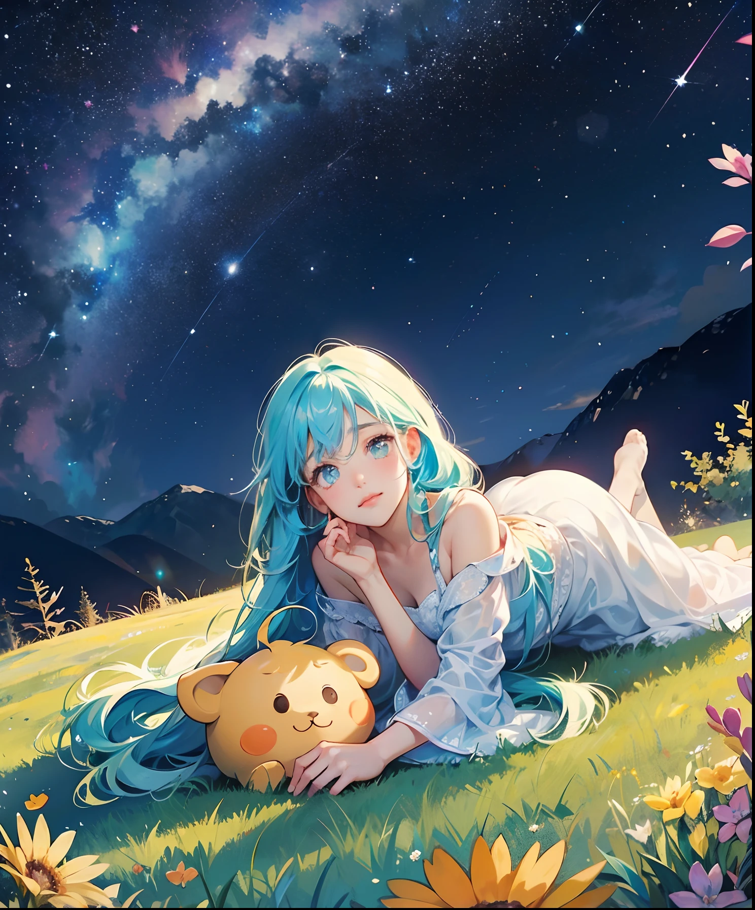 Describe a scene where a cute girl character is lying on a grassy hill, Looking up at the starry sky. Surround her with colorful nebulae and her favorite constellations.