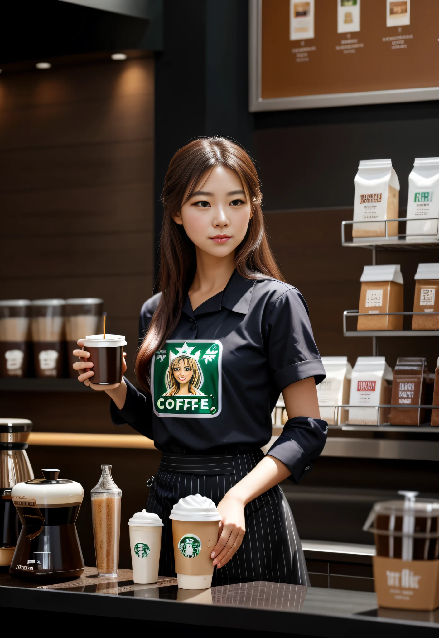 there is a woman that is standing in front of a counter，With a cup of coffee in his hand, mysterious coffee shop girl, Realistic art style, by Yang J, Surrealism female students, wearing rr diner uniform, Thanos as a Starbucks barista, realistic art style, Surrealism female students, in a coffee shop, super realistic painting style, Guviz-style artwork, Starbucks