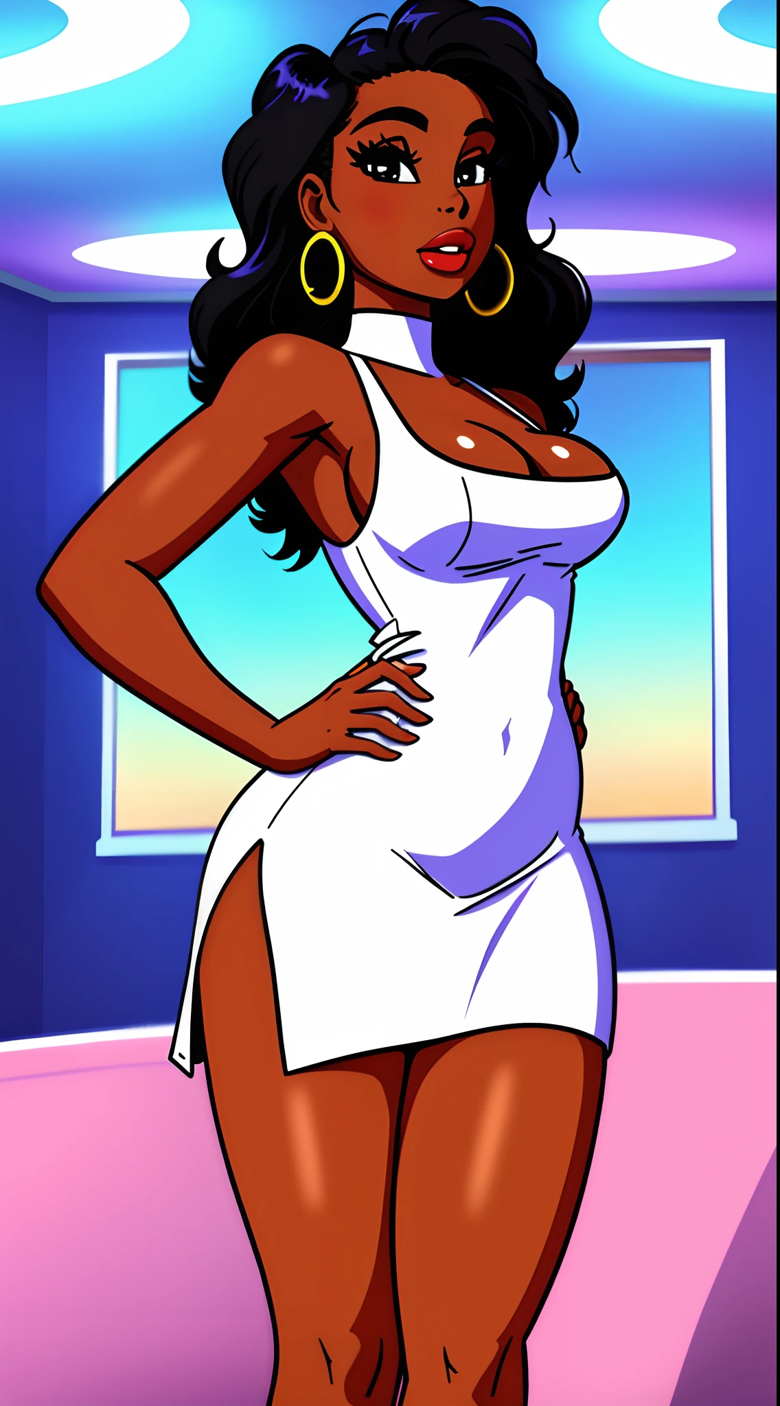 front view of a nice black woman, beutiful woman with a nice white dress at club, at day, turn body to left, 2d flat cartoon style, small tits