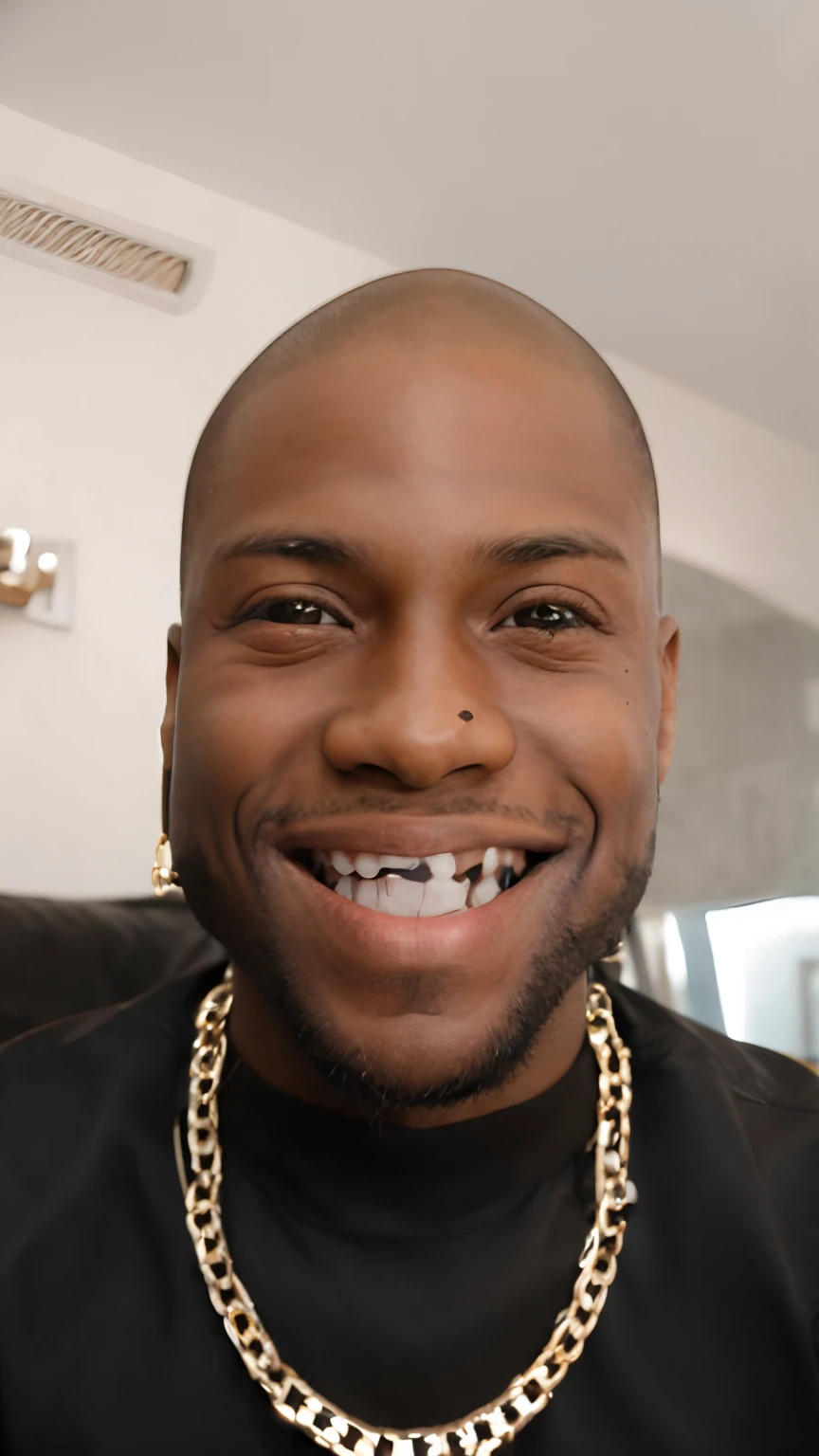 smiling man with a chain around his neck and a black shirt, bet face, round teeth and goofy face, brown skin man with a giant grin, insane smile, very ugly face, very high quality face, very silly looking, large eyes and menacing smile, aaron sims, huge teeth, ridiculous smile, headshot profile picture, taken in the late 2010s