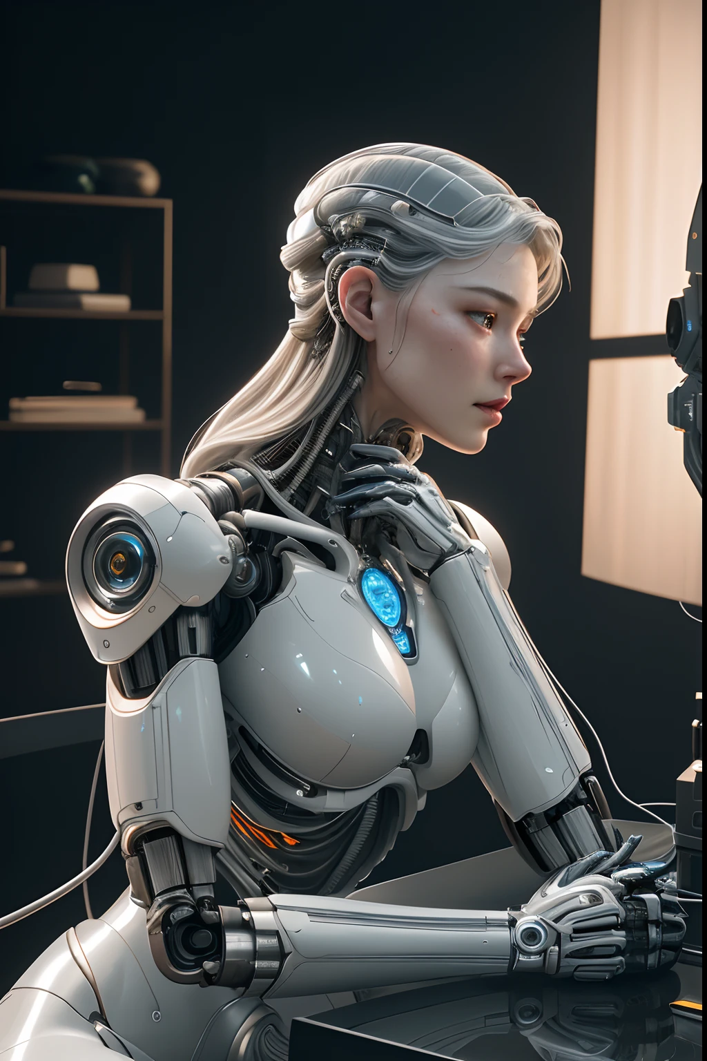complex 3d render ultra detailed of a beautiful porcelain profile woman android face, cyborg, robotic parts, 150 mm, beautiful studio soft light, rim light, vibrant details, luxurious cyberpunk, lace, hyperrealistic, anatomical, facial muscles, cable electric wires, microchip, elegant, beautiful background, octane render, H. R. Giger style, 8k, best quality, masterpiece, illustration, an extremely delicate and beautiful, extremely detailed ,CG ,unity ,wallpaper, (realistic, photo-realistic:1.37),Amazing, finely detail, masterpiece,best quality,official art, extremely detailed CG unity 8k wallpaper, absurdres, incredibly absurdres, , robot, silver halmet, full body, sitting