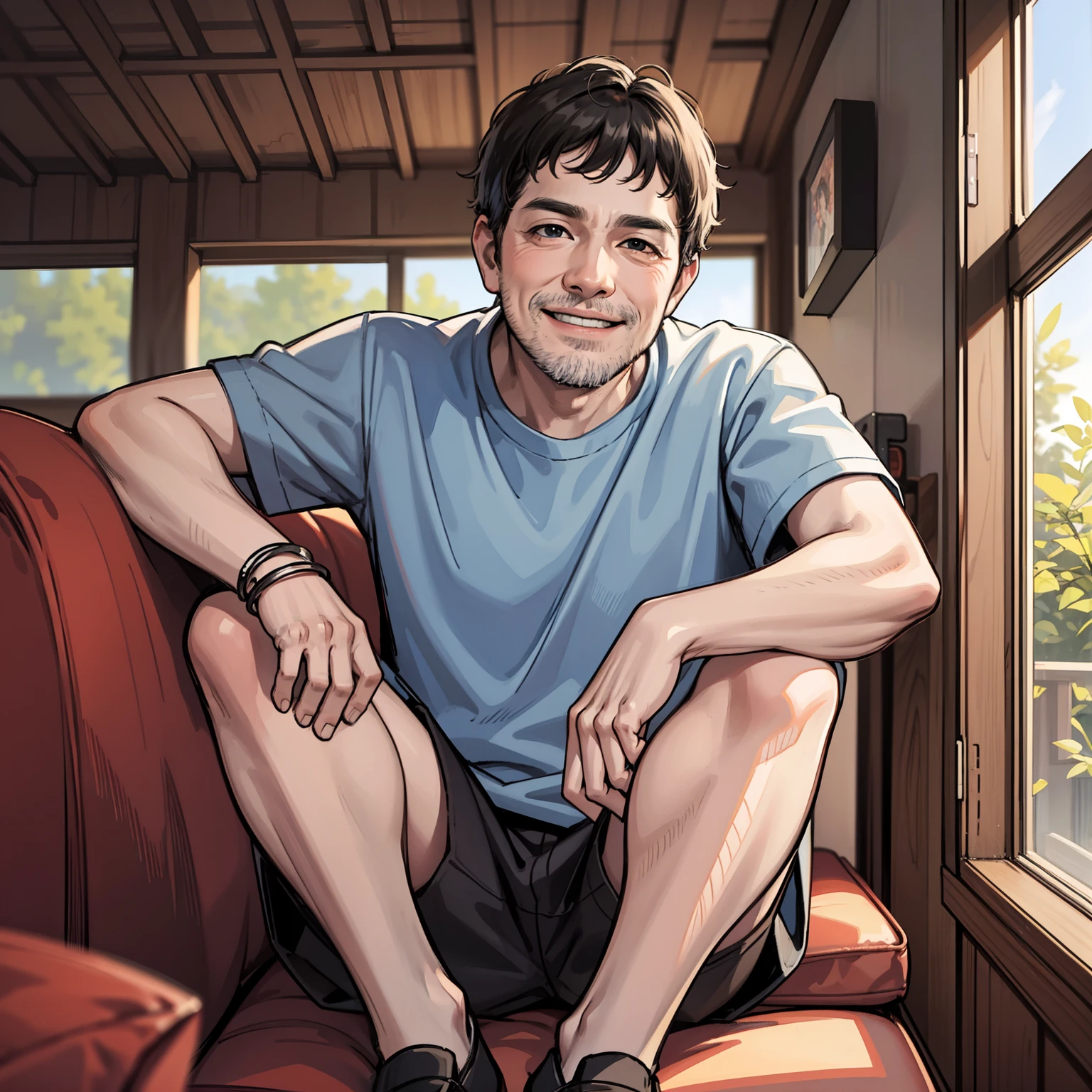 A middle-aged man wearing black short sleeves,sitting in the couch,The background is inside a rural house,smiling at me,4K,A high resolution