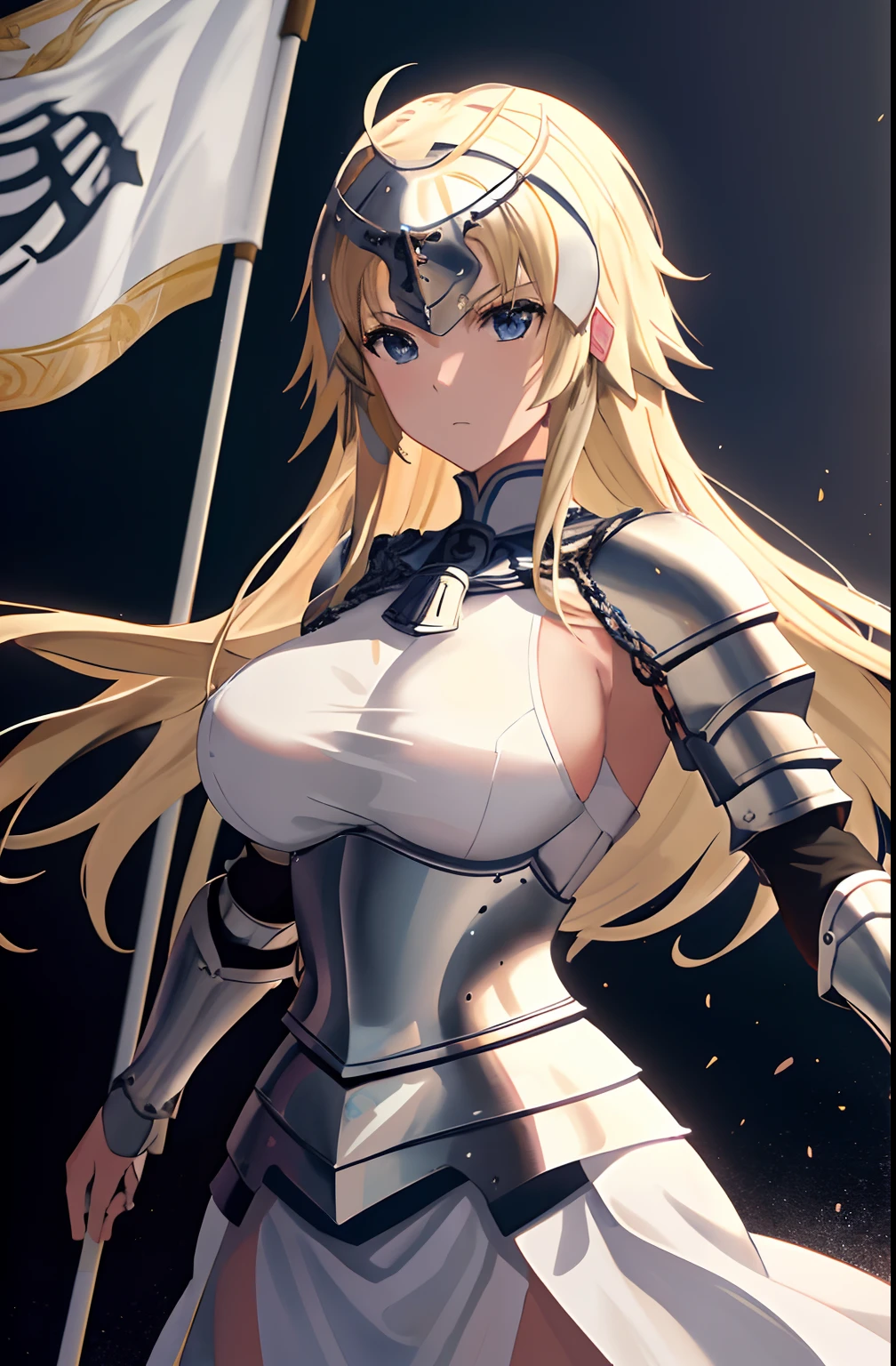 best quality, masterpiece,highly detailed,anime,1girl,mature female,upper body,(jeanne d'arc),medium breasts,perfect face,blond hair,long hair,(white clothes),(bare shoulder),armored dress,(no breastplate,),breasts covered by white clothes,headwear,chain,flag,battlefield in background,depth of field,looking at viewer,cinematic lighting,