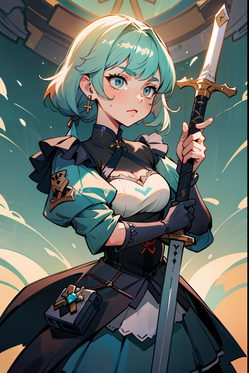 Close-up of a woman holding a sword in a cat costume, Fine details. Girl front, Kushatt Krenz Key Art Women, granblue fantasy, from girls frontline, Ayaka Genshin impact, Extremely detailed Artgerm, From Arknights, Cyan corset, A scene from the《the original god》videogame, Guilty Gear strives to splash art, azur lane style