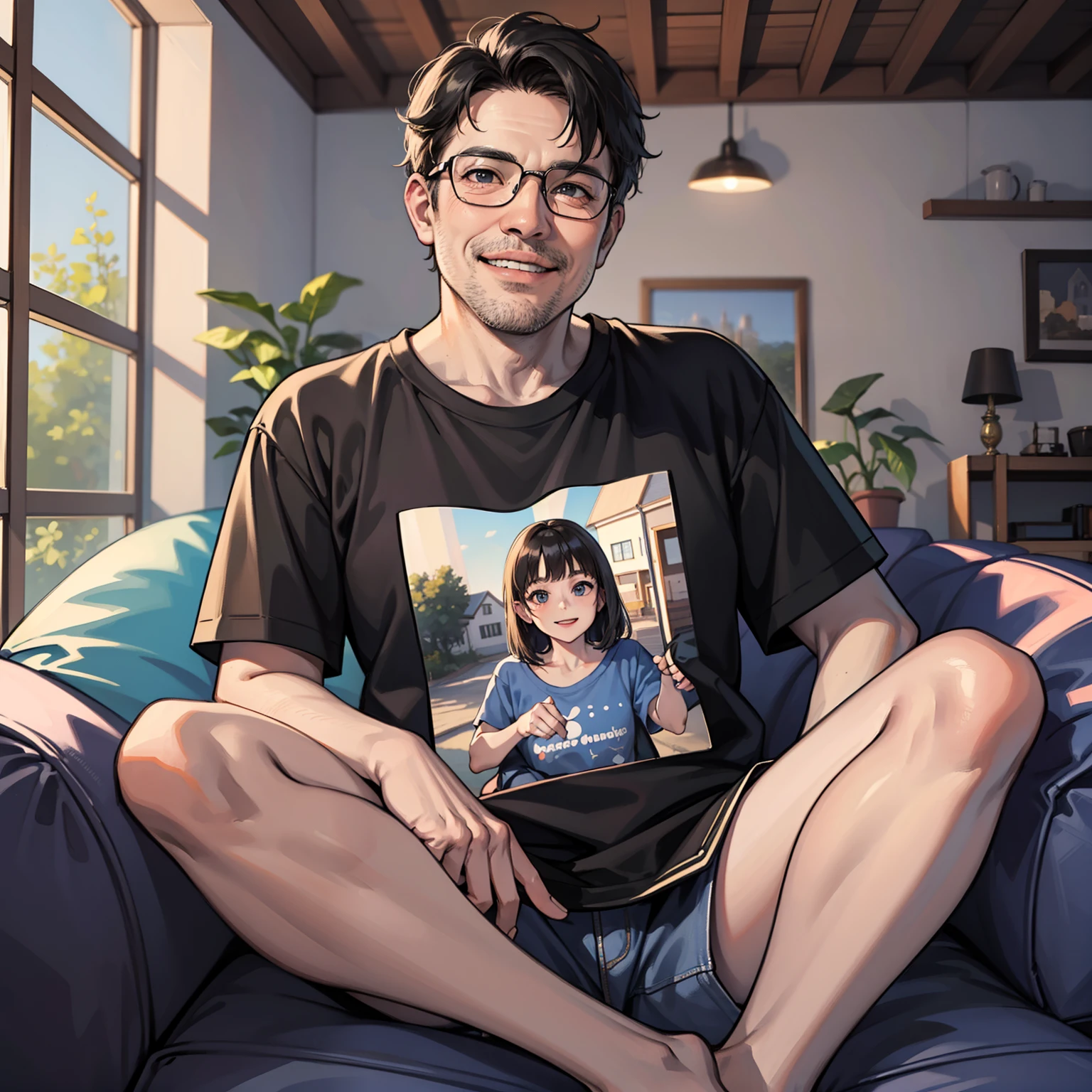 A middle-aged man wearing black short sleeves,sitting in the couch,The background is inside a rural house,smiling at me,4K,A high resolution