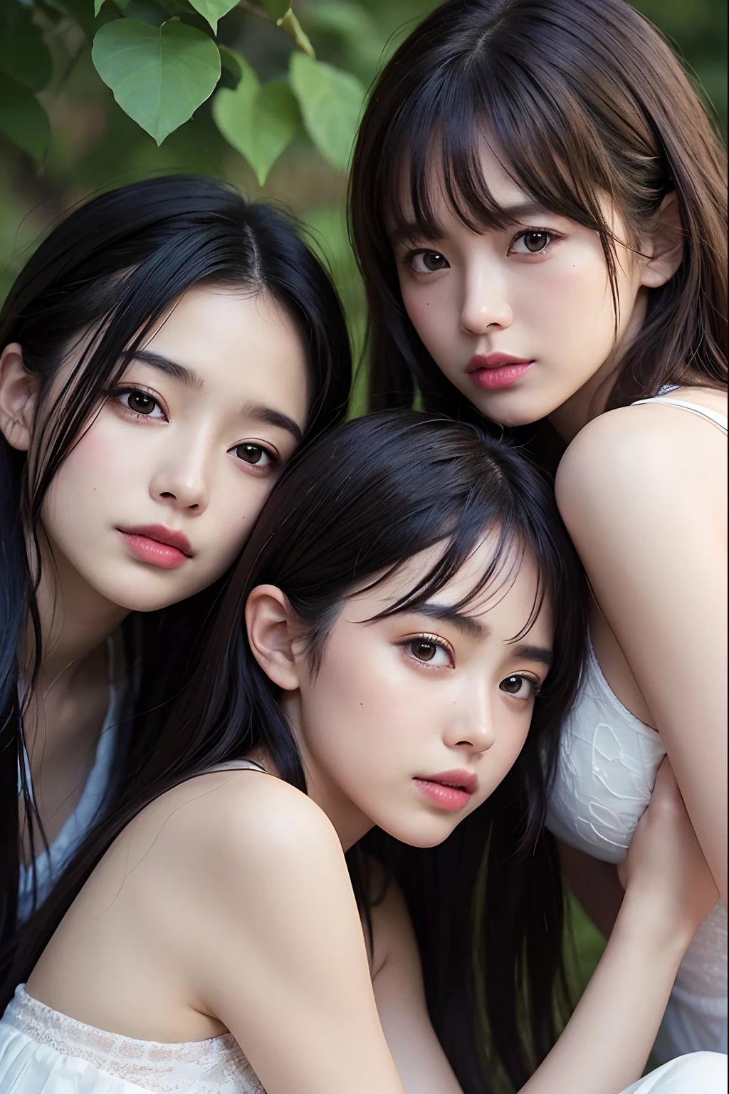 Three smiling girls, Blowing in the wind for a long time [Blue-black:.3] hair,View Audience, (masterpiece:1.3), (8K, Realistic, RAW Photos, Highest quality: 1.4), Japanese, (One Girl), Beautiful Face, (Realistic Face), (black hair, short hair:1.3), beautiful hairstyle, Realistic eyes, Beautiful details, (Realistic Skin), Beautiful Skin, charm, Ultra-high resolution, Ultra-realistic, Very detailed, Mountain stream, Shooting with a smartphone、Nipples