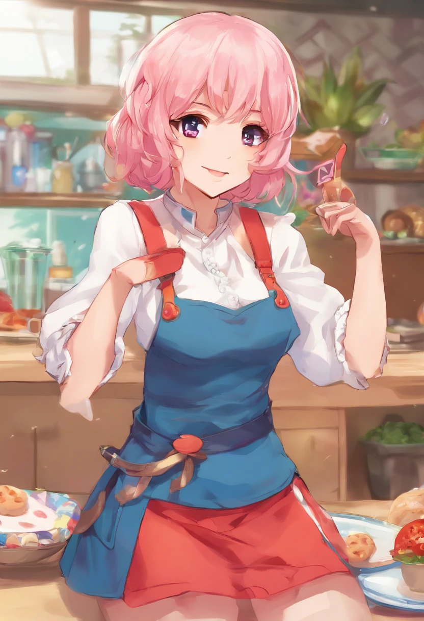 alice, anime art style, 1girl, solo, breasts, looking_at_viewer, smile, short_hair, open_mouth, large_breasts, red_eyes, hair_between_eyes, upper_body, white_hair, :d, blurry, chef, breasts bursting out of clothes