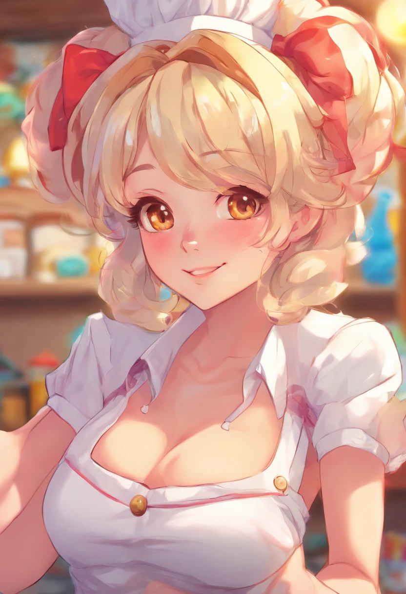 alice, anime art style, 1girl, solo, breasts, looking_at_viewer, smile, short_hair, open_mouth, large_breasts, red_eyes, hair_between_eyes, upper_body, white_hair, :d, blurry, chef, breasts bursting out of clothes