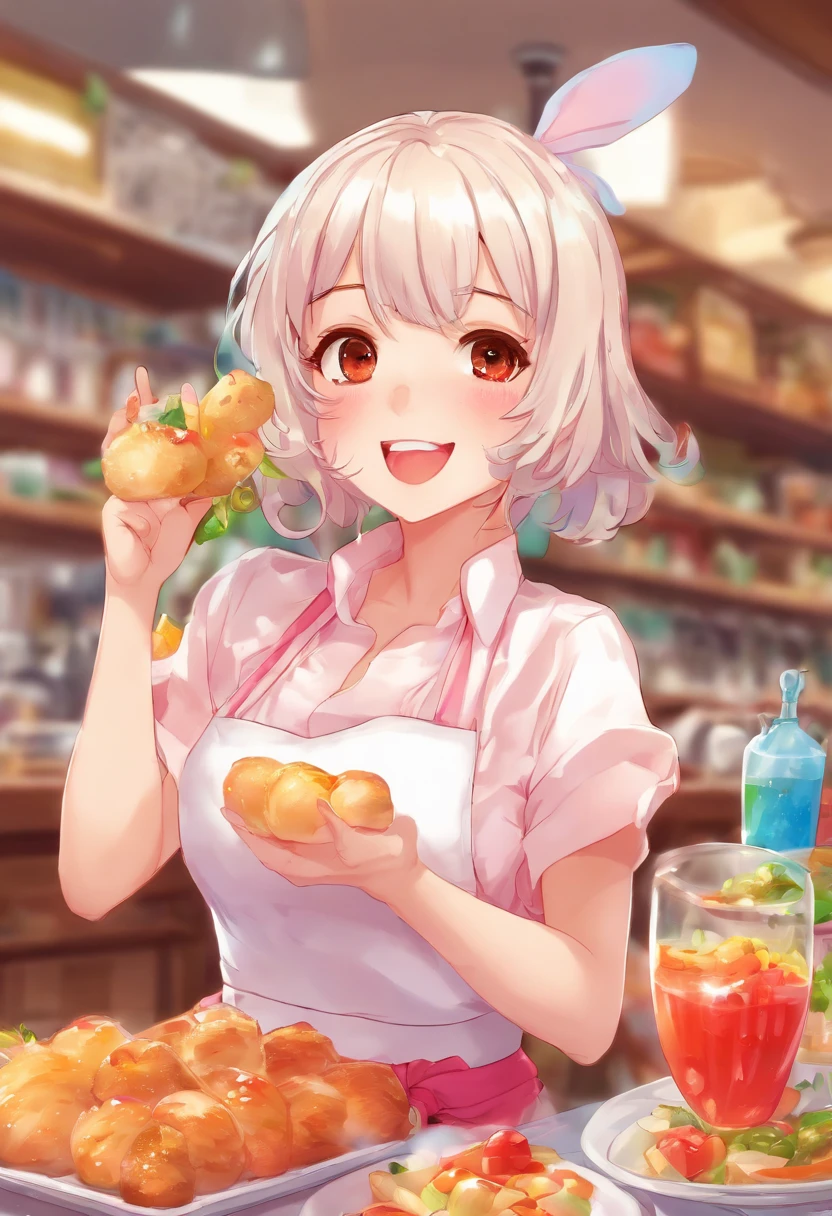 alice, anime art style, 1girl, solo, breasts, looking_at_viewer, smile, short_hair, open_mouth, large_breasts, red_eyes, hair_between_eyes, upper_body, white_hair, :d, blurry, chef, breasts bursting out of clothes