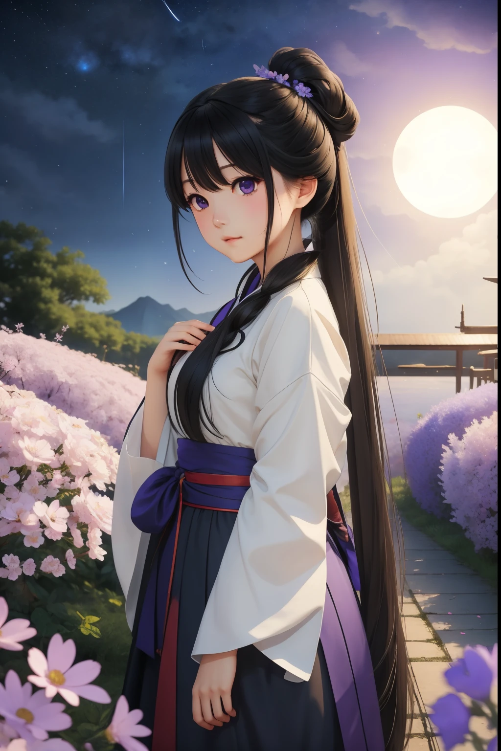 Best quality, Masterpiece,, illustration, the wallpaper,1girll, Solo, Hanfu, semi long hair, Beautiful detailed girl, Extremely detailed eyes and face, Beautiful detailed eyes, Shy, Natural_lighting, Glow,NSFW, Clean sky, view the viewer, Outdoors, Night sky, Star (sky), Straight hair, Purple petals, Purple and blue flowers, Red pupil, pony tails, Blue ribbon,Black hair, 黑The eye,
