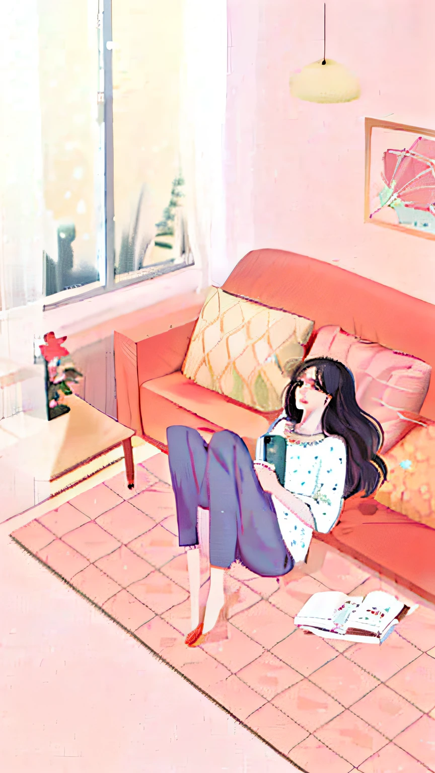 there is a woman sitting on a couch reading a book, lofi-girl, lofi girl aesthetic, lo-fi illustration style, dreamlike illustration, relaxing mood, relaxing on the couch, Praise Artstyle, blurry and dreamy illustration, Lofi art, relaxing on the couch, cute illustration, Relaxing concept art, lofi aesthetics, lofi feel