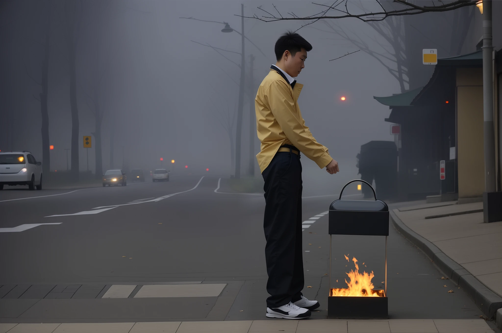 A Chinese man stood on the sidewalk,Holding the paper in his hand,Stand on the street