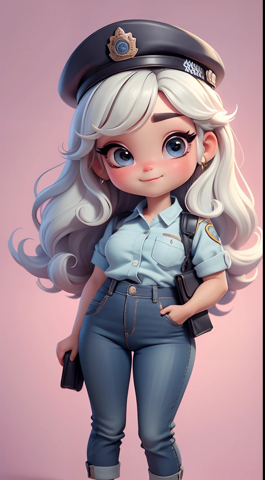 Create a series of cute cute baby chibi style dolls with a cute cop theme, each with lots of detail and in an 8K resolution. All dolls should follow the same solid background pattern and be complete in the image, mostrando o (corpo inteiro, incluindo as pernas: 1.5)

Boneca Mini policial: Chame-a de Marina. Ela deve ter cabelo pequeno em tom multicolorido. Seus olhos devem ser grandes e expressivos, with long eyelashes and rosy cheeks. Sorriso delicado e branco. Marina deve estar vestida com uma camisa, Camiseta, pants and an ornate police hat. She must hold police accessories. Certifique-se de adicionar detalhes nas roupas, such as buttons and pockets, sapato bonito

Certifique-se de adicionar sombras, texturas e detalhes nos cabelos, roupas, Police utensils, to make them even more adorable and charming.