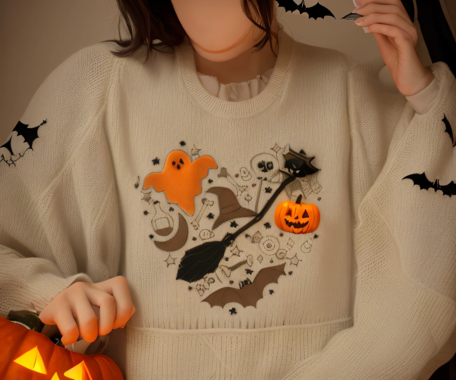 a close up of a sweater with a ghost, pumpkin, and bats on it, witchy clothing, 🍂 cute, witch clothes, designed for cozy aesthetics!, witchcore clothes, etsy, halloween art style, astral witch clothes, doodle, halloween scene, trick or treat, printed on a cream linen t-shirt, illustartion, halloween