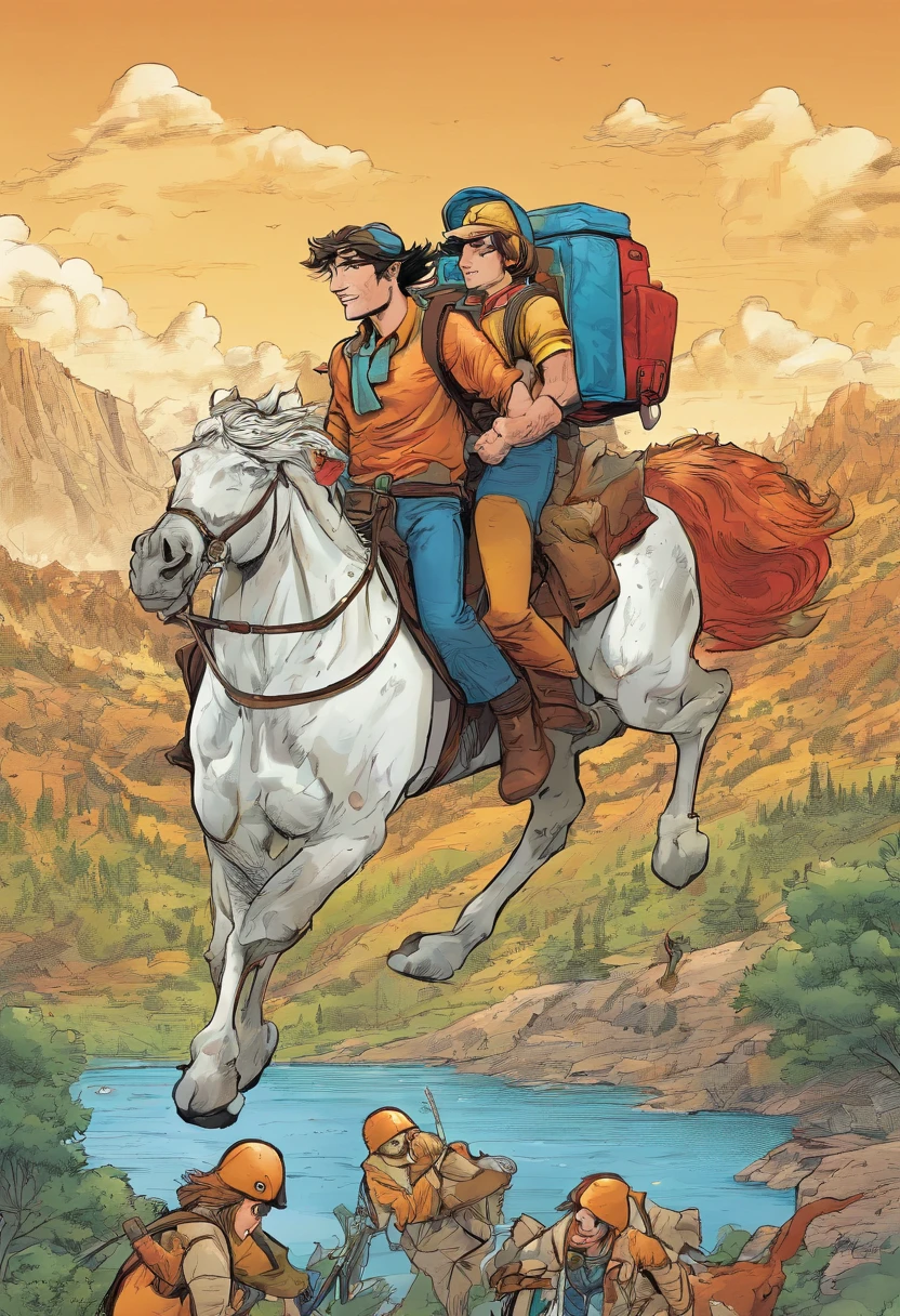 Man with pizza delivery guy's backpack on his back on a horse that's running.