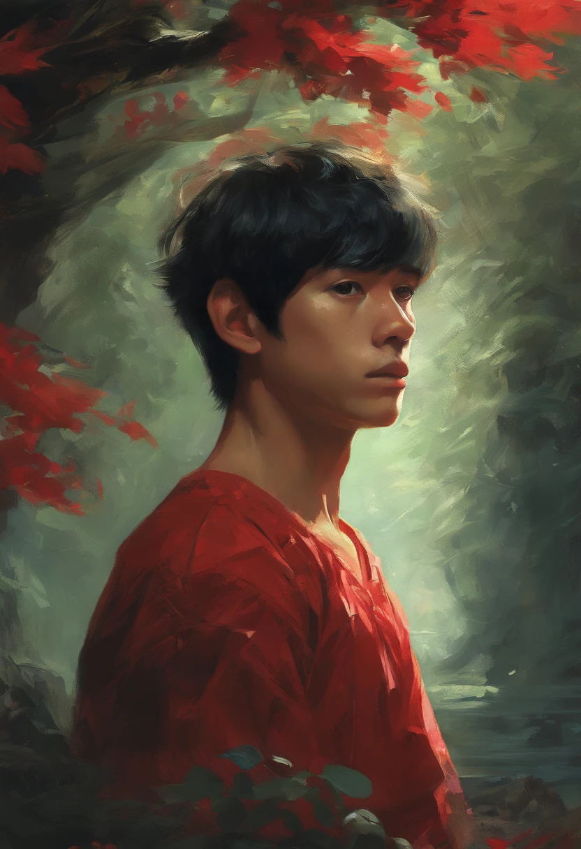 1boy,male boy, idol face, korean idol,apple tree and leafy,slow motion, reflections, red shirt, short black hair, intricate detail, nostalgia, heart professional majestic oil painting by Ed Blinkey, Atey Ghailan, Studio Ghibli, by Jeremy Mann, Greg Manchess, Antonio Moro, trending on ArtStation, trending on CGSociety, Intricate, High Detail, Sharp focus, dramatic, photorealistic painting art by midjourney and greg rutkowski, idol face, gloomh, sharp jawlines, sharp photography, v-shape face, foggy