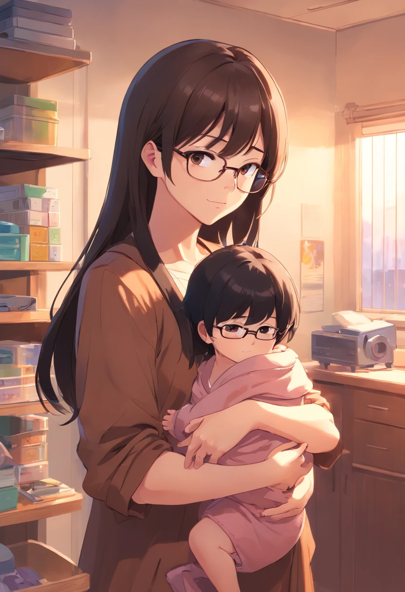 A mother, Glasses, Brown hair, bangs, brown clothes, Holding her baby girl, Long black hair, bangs, Newborn clothes, Nursery