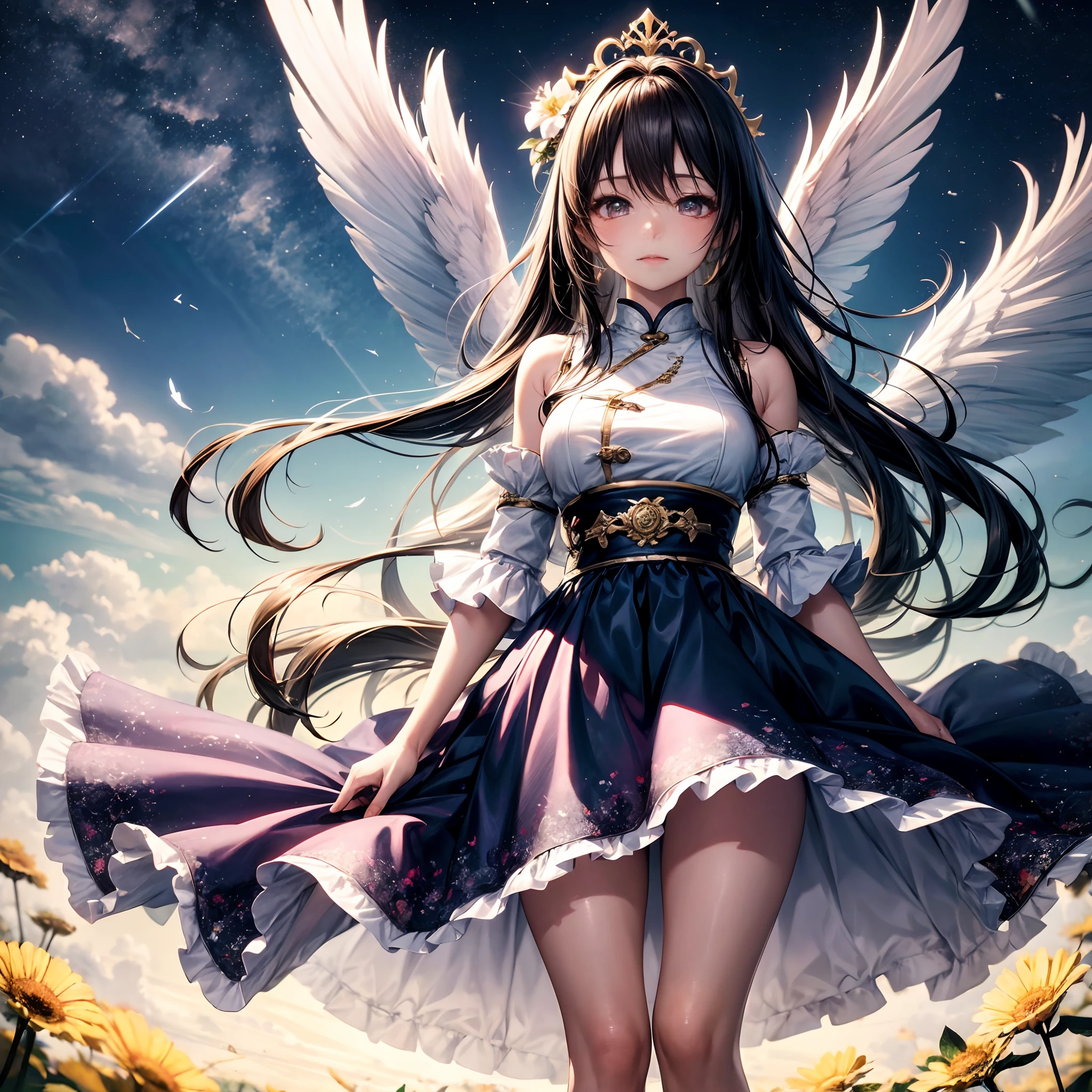 ，masterpiece, best quality，8k, ultra highres，In the wide and boundless sky，A cloud as fluffy as soft cotton spreads out。This is no ordinary cloud，It's a magical cloud，It emits a brilliant and colorful light。In the clouds，A beautiful girl floated away as if she had come out of a dream。Her long hair was as white as snow，With the gentle breeze，Dancing in the clouds，It was like a fairy descending to the mortal world。She wore a gorgeous feather coat，The corners of the clothes flow between，It is like wings shining with golden light。

The clouds in this scene are not ordinary white，Rather, with a colorful halo，Colorful like a rainbow。Light shines through the gaps in the clouds，Shines on the girl，Enveloped her in a soft glow。The blue clouds complement the girl's feathers，It creates a dreamy and mysterious atmosphere。

The composition of the picture is mainly from a bird's eye angle，Place the maiden above the clouds，Unobstructed visibility of the entire scene is presented to the viewer。The shape of the clouds is rich and varied，Some are like flowers in bloom，Some are like strange creatures，Each cloud brings a different reverie and association。The sky in the background transforms into stars，It is like a window into the unknown。
