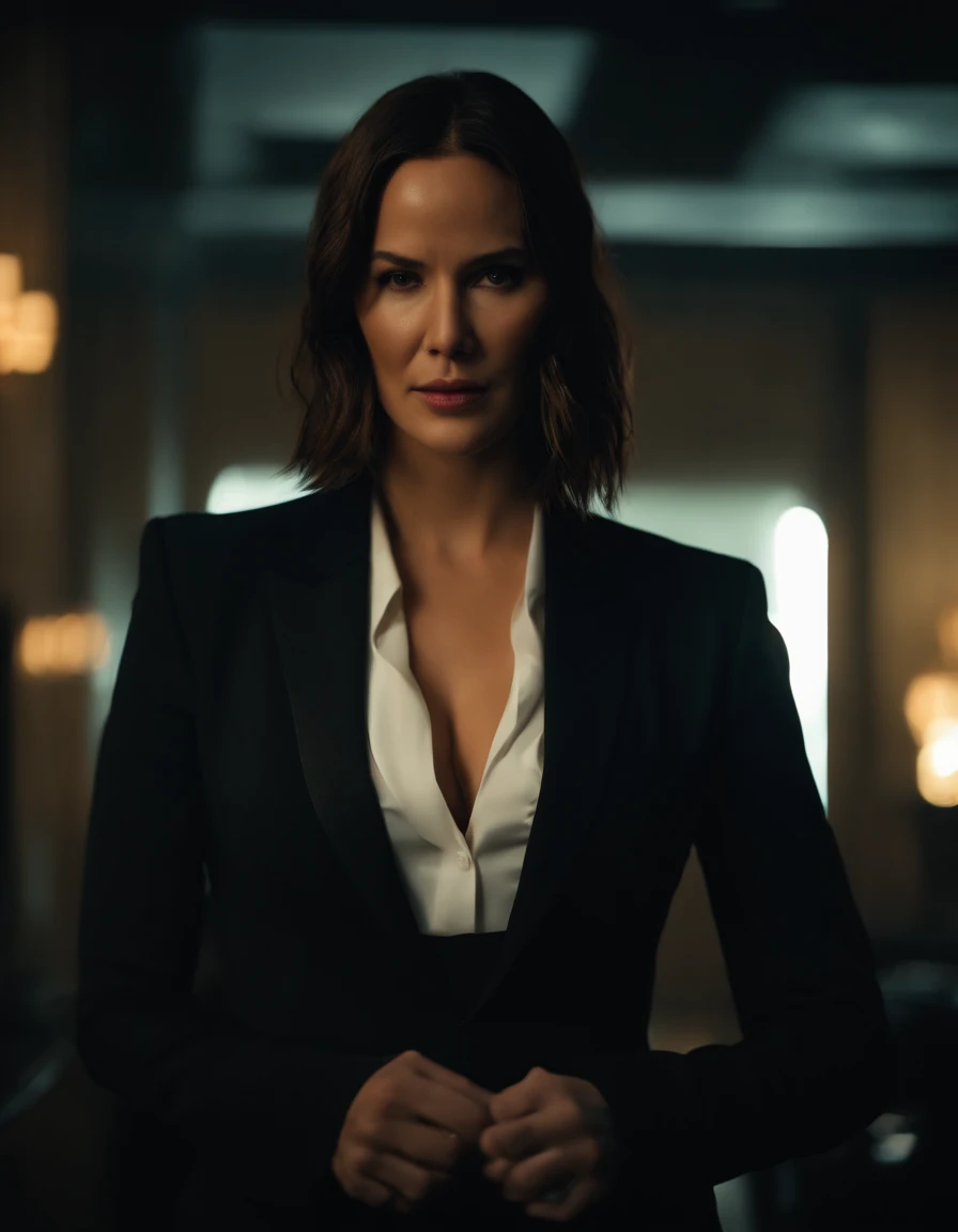 John wick as a woman, black suit, breasts, looking at viewer, 1girl, 19-year-old, gigantic breasts, cleavage, surrealist proportions