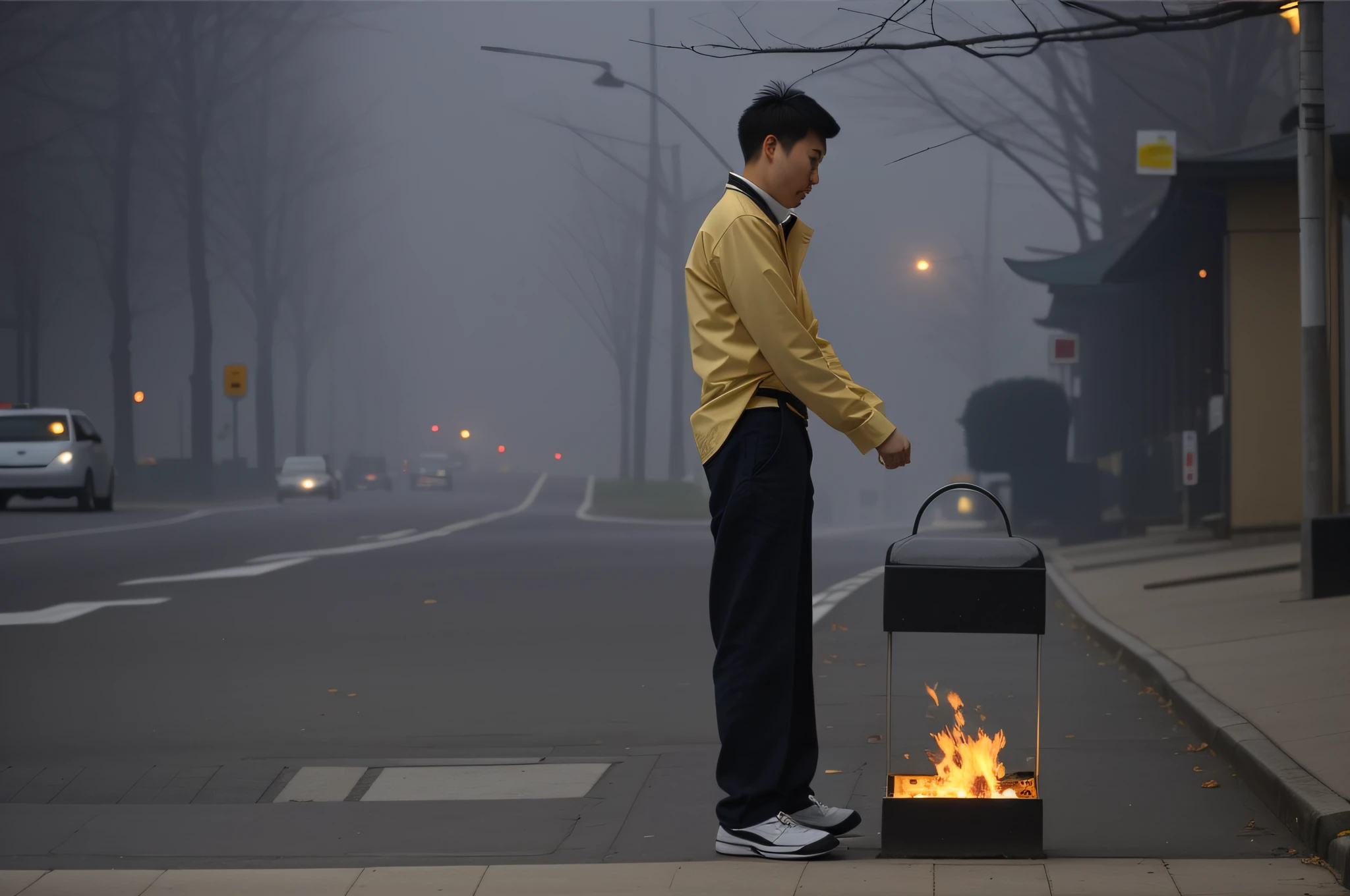 A Chinese man stood on the sidewalk，Holding the paper in his hand，Stand on the street