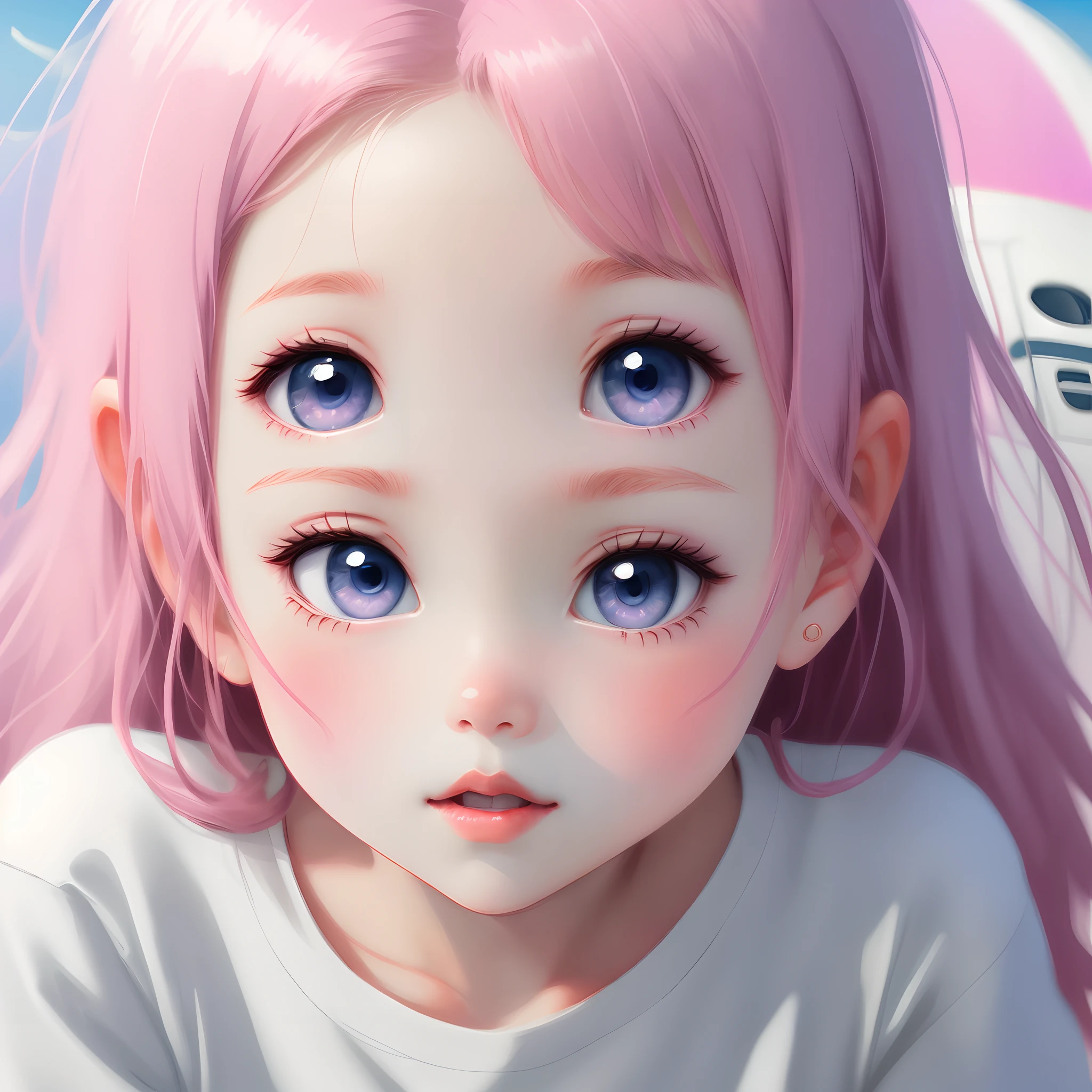 A cute , Pink lips, Wearing a bright white shirt, In the style of the pastel aurora palette, Anime illustration of her face, Animated GIFs, hand-drawn animation, Captivating sketch, Soft and bright, Hazy romanticism, Ultra airplane style, White - air background 1:1--Niji 5--Expressive style