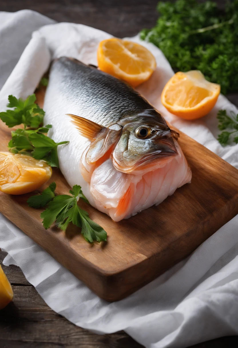 Raw fish wrapped in a kitchen board with white paper towels，True 4K HD 1；1 Horizontal version