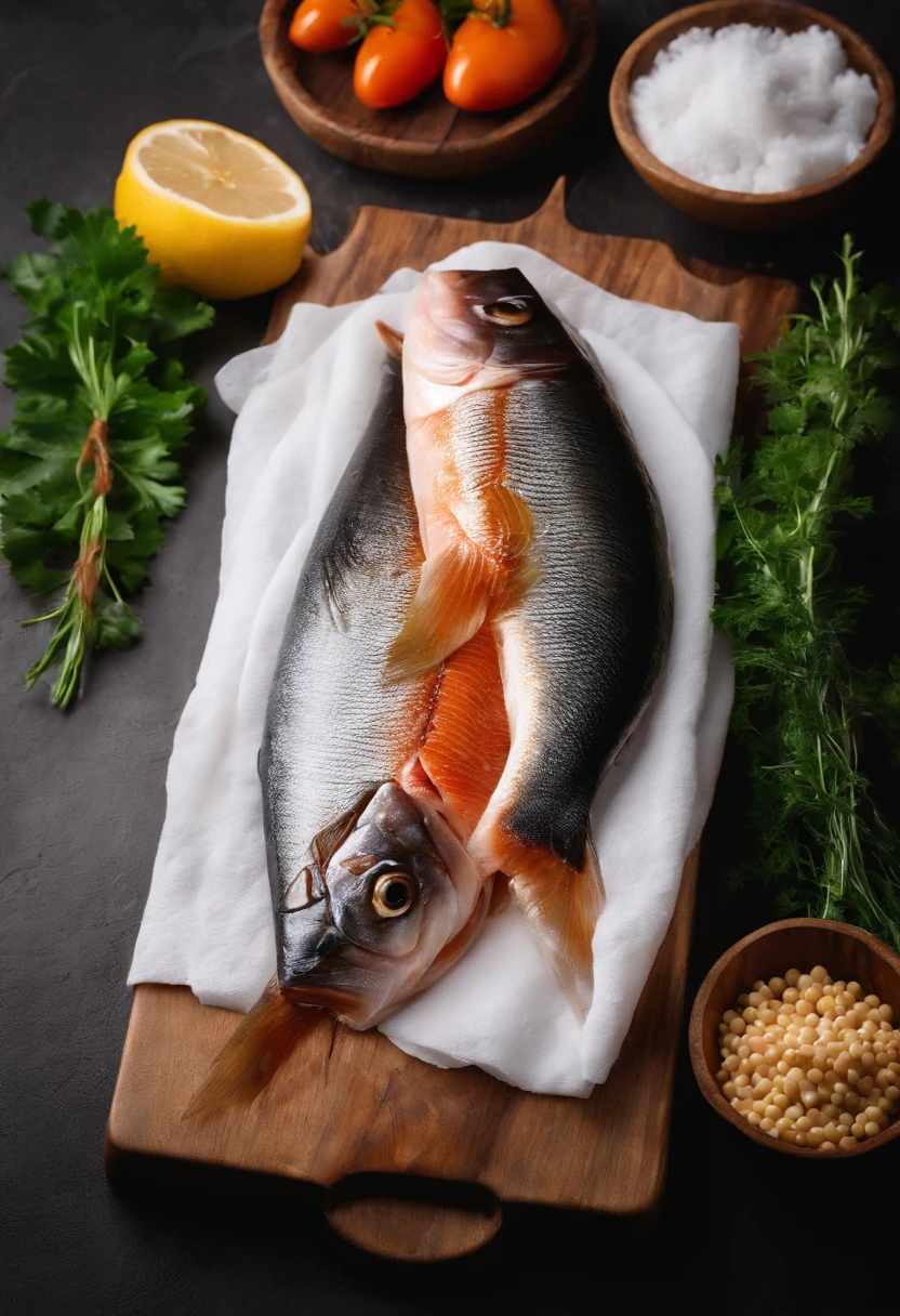 Raw fish wrapped in a kitchen board with white paper towels,True 4K HD 1;1 Horizontal version