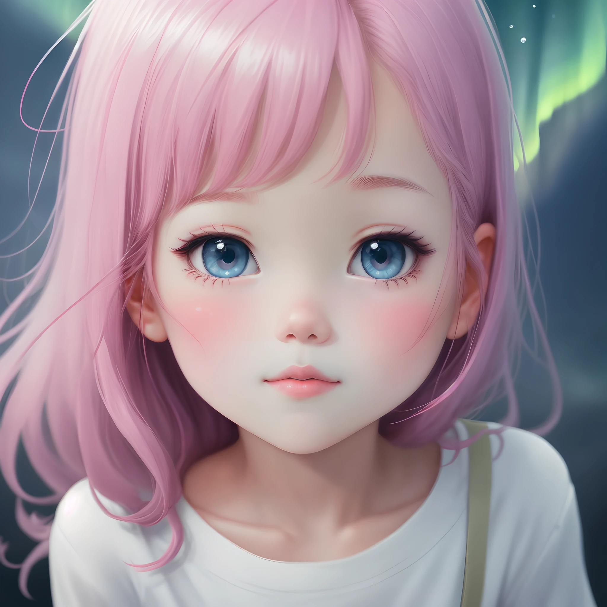 A cute little girl, Pink lips, Wearing a bright white shirt, In the style of the pastel aurora palette, Anime illustration of her face, Animated GIFs, hand-drawn animation, Captivating sketch, Soft and bright, Hazy romanticism, Ultra airplane style, White - air background 1:1--Niji 5--Expressive style